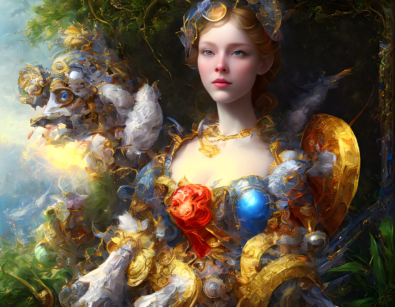 Fair-skinned woman in golden armor with roses, surrounded by nature.