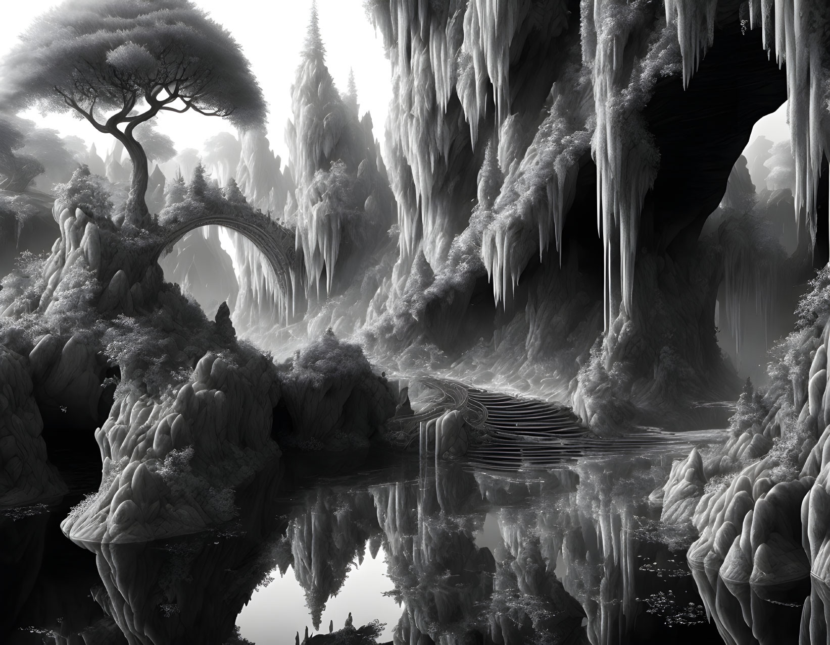 Monochrome fantasy landscape with arching bridge, reflective water, stalactites, and single tree.