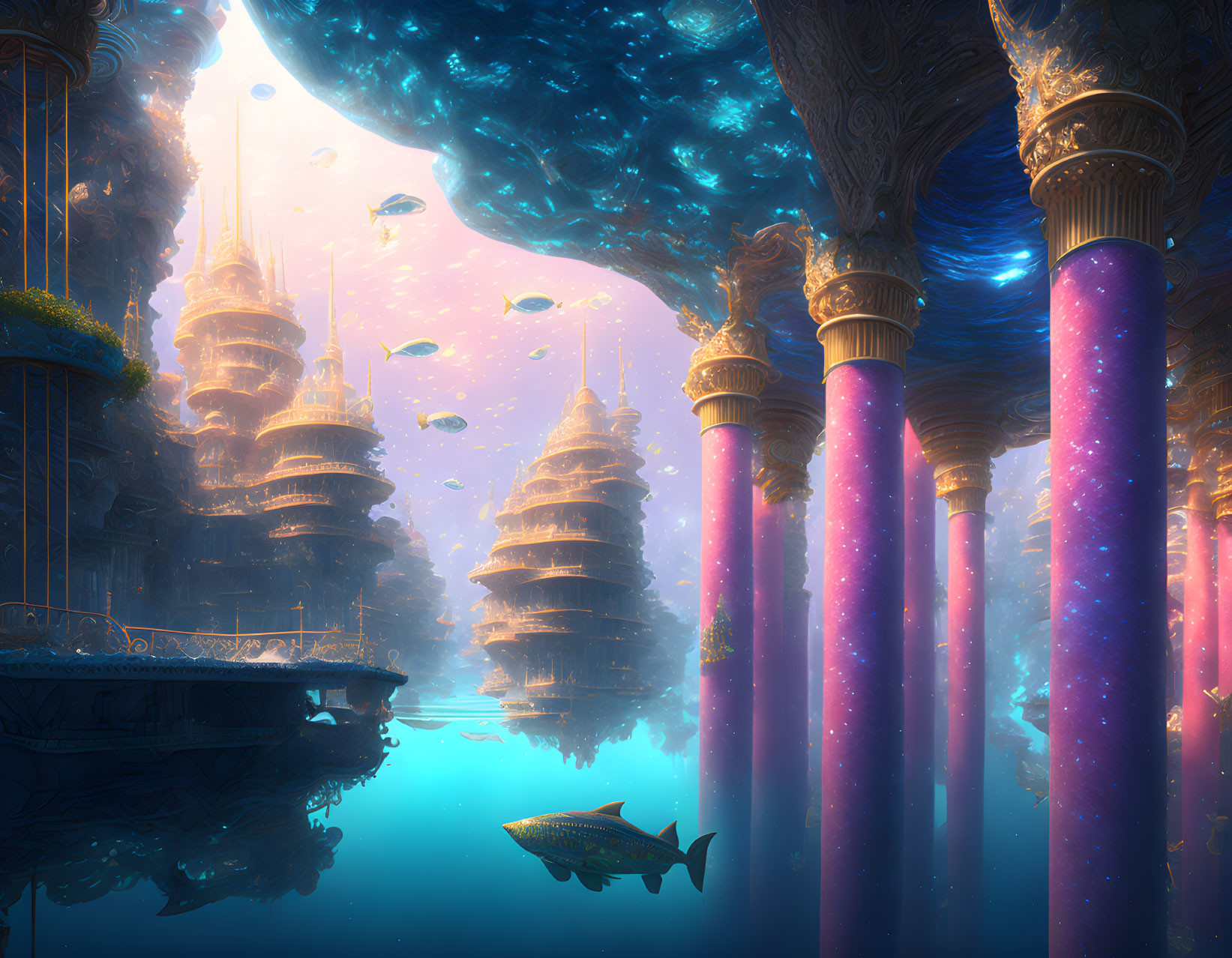 Ethereal underwater city with glowing star-filled pillars and ornate architecture