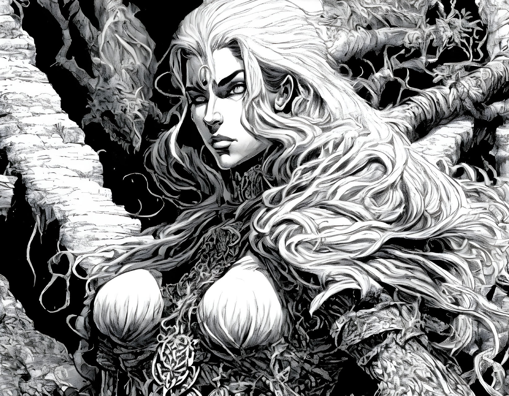 Monochrome illustration of determined woman in armor with long wavy hair among twisted trees