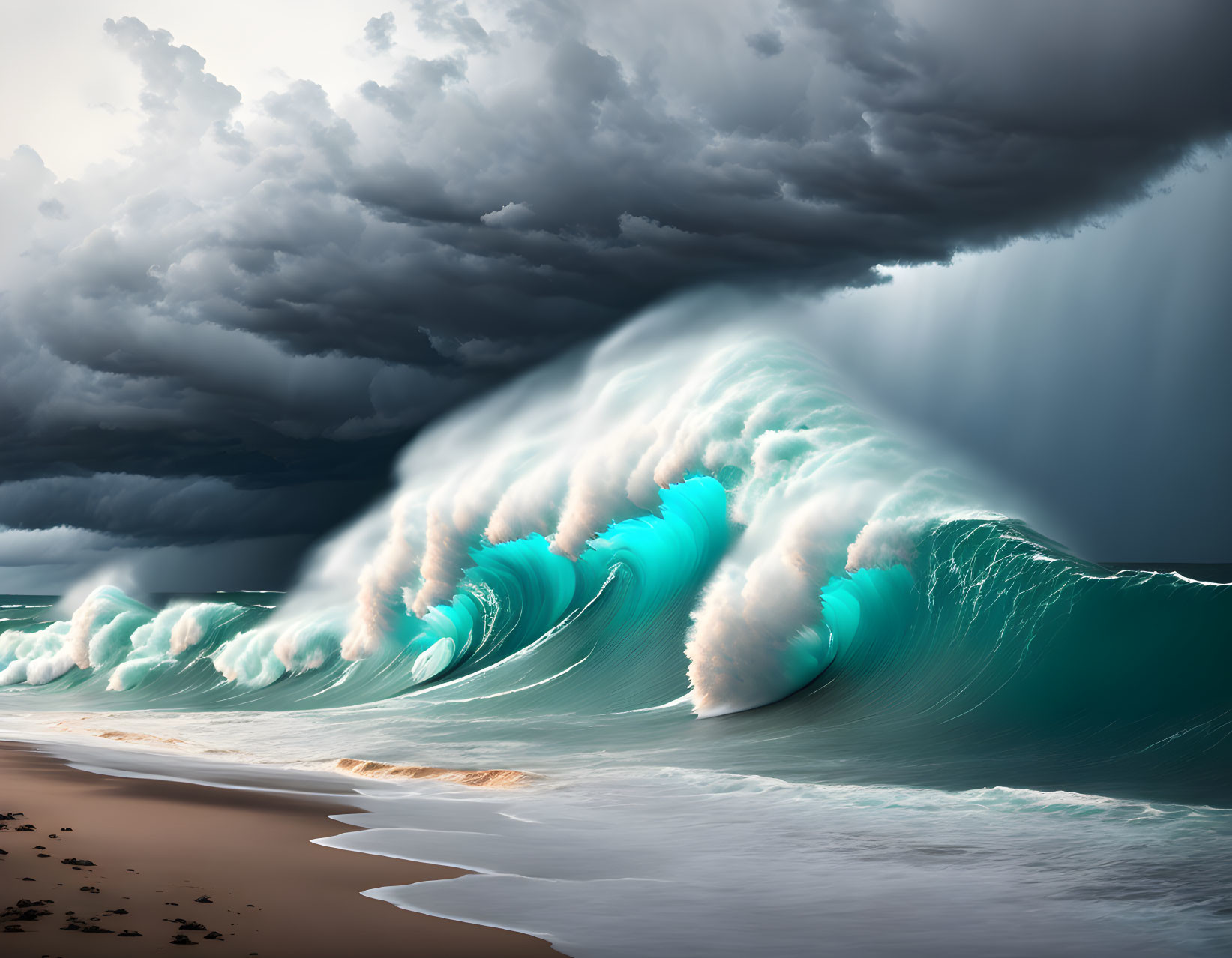 Stormy sky as massive ocean wave hits sandy beach