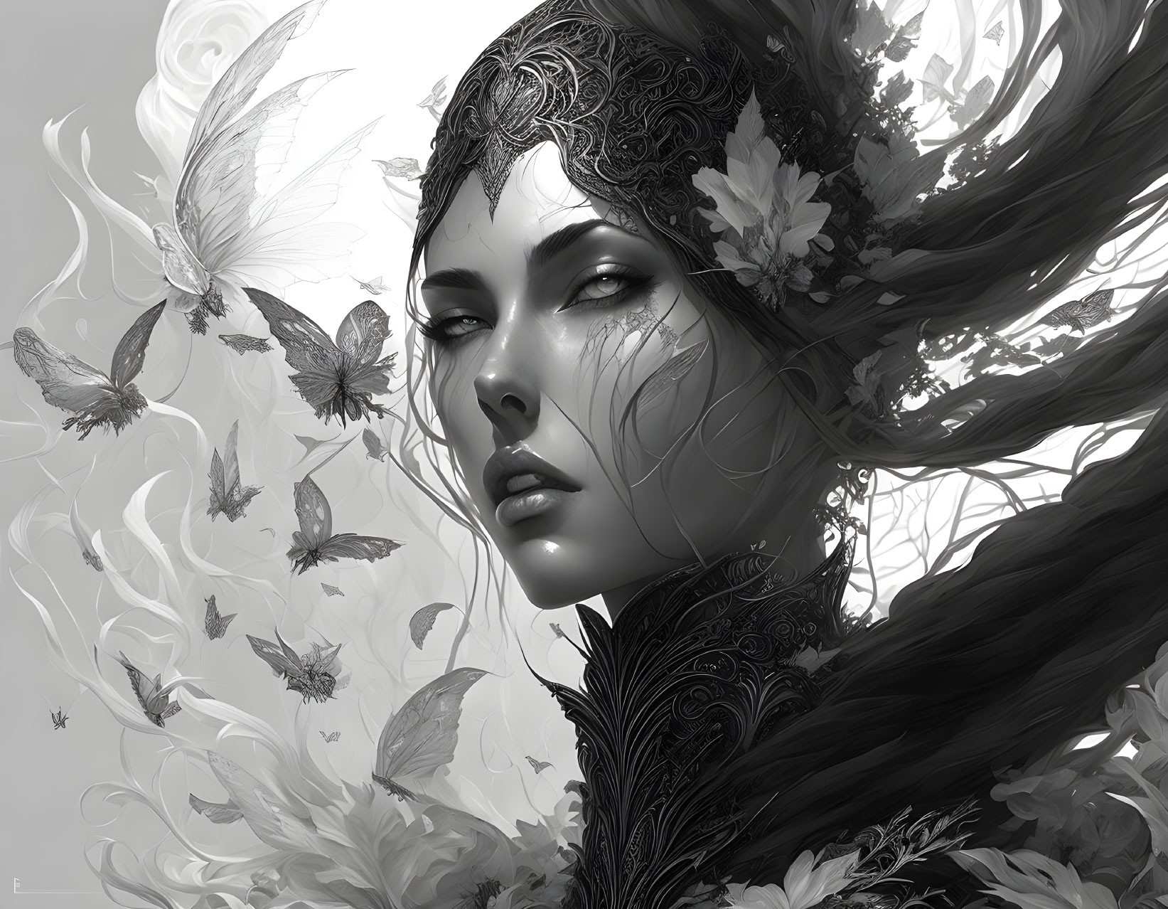 Monochromatic digital artwork of a mystical woman with floral and butterfly motifs