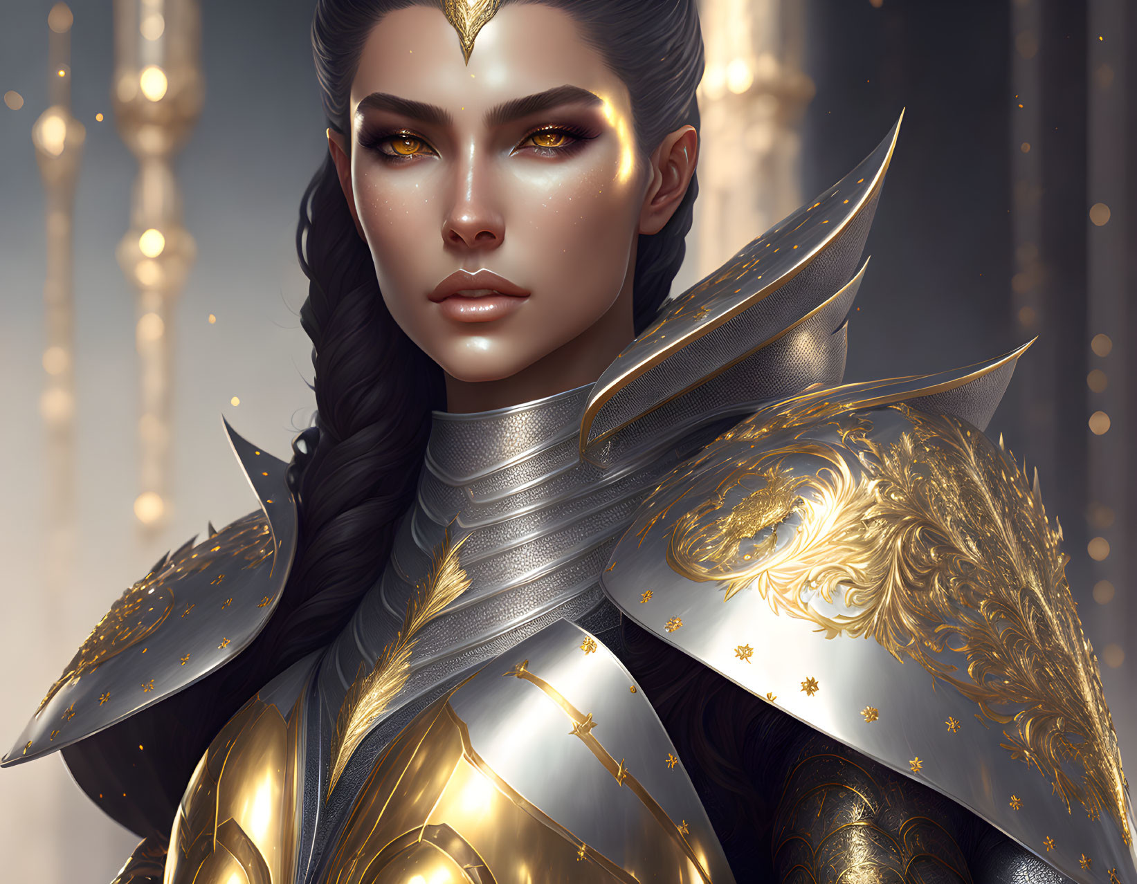 Female warrior in intricate gold and silver armor with solemn expression