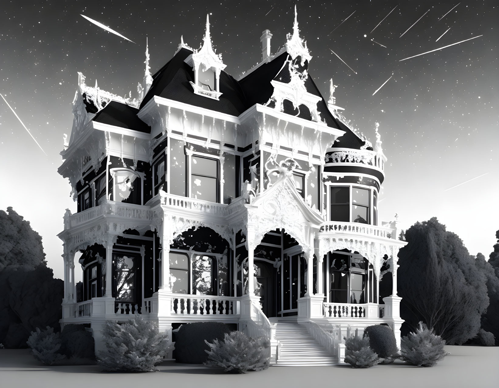 Monochromatic Victorian-style house under starry sky in forest