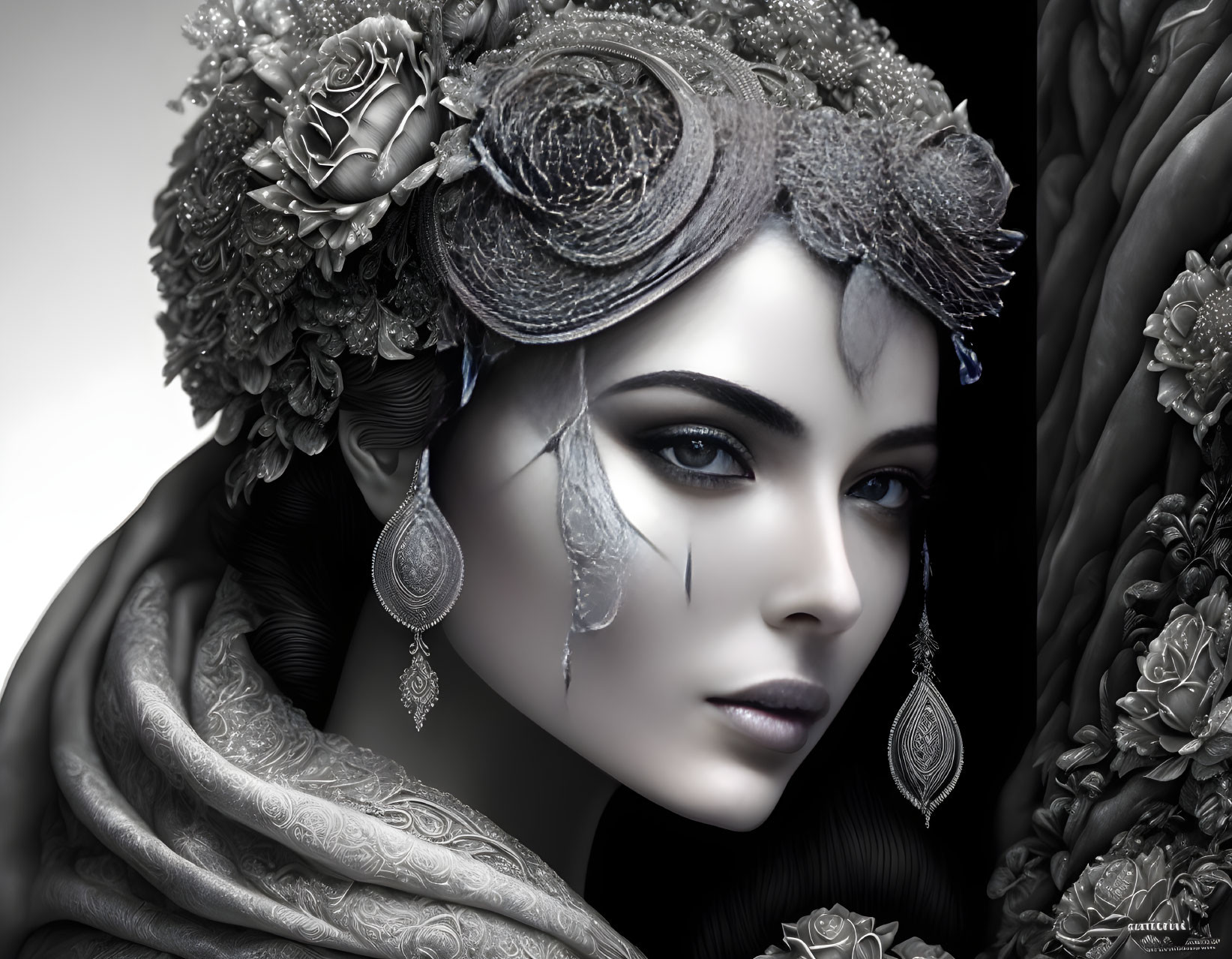 Monochromatic digital artwork: Woman with floral headwear, lace details, ornate earrings