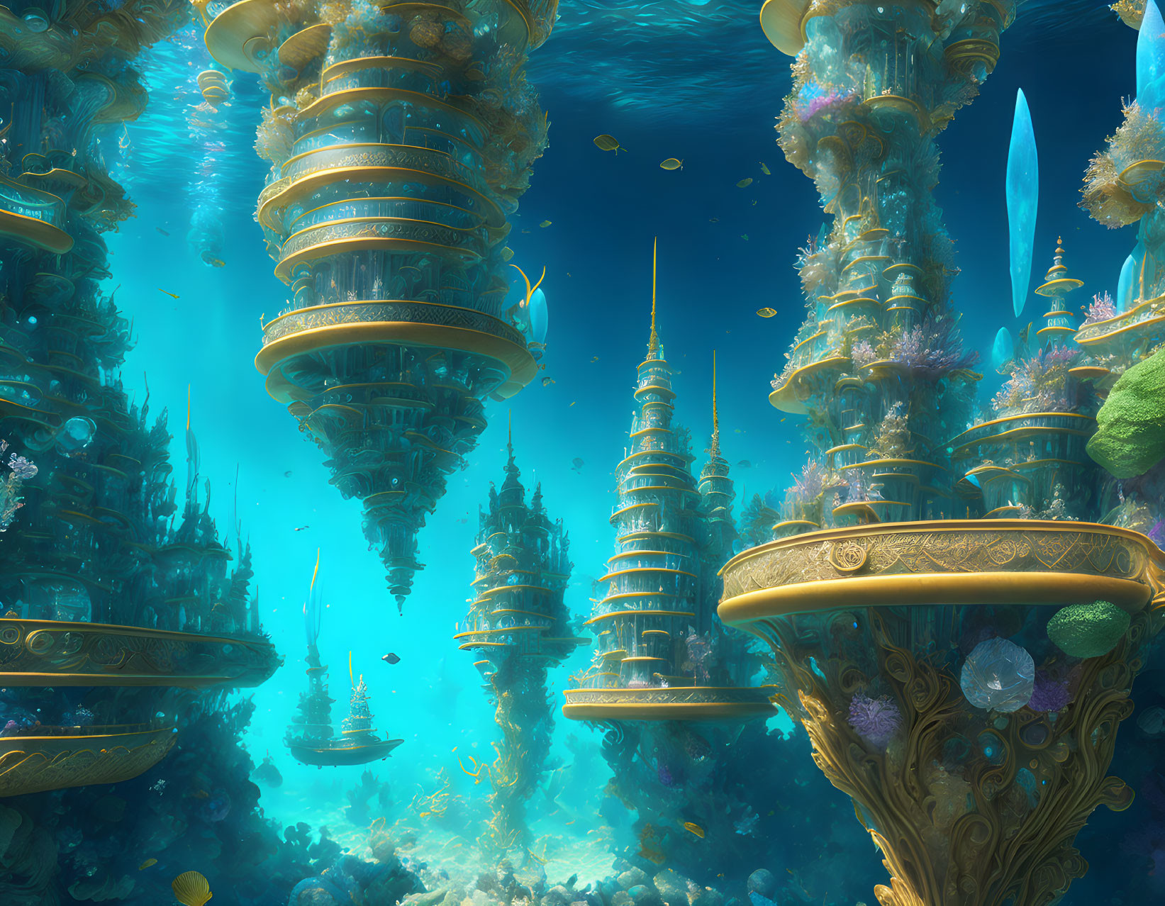 Ornate underwater city with towering structures and vibrant marine life