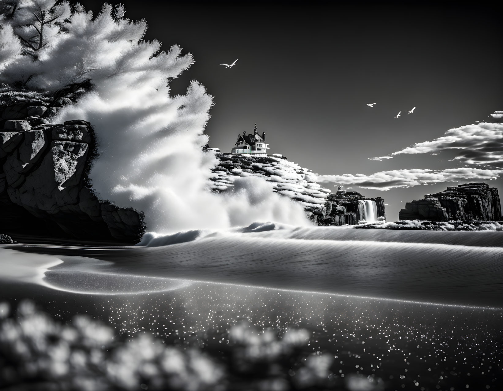 Monochrome surreal landscape with misty cliffs, birds, and sparkling texture