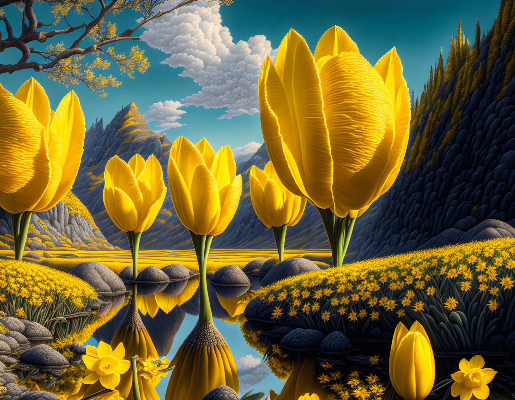 Yellow Tulips Reflecting in Water Surrounded by Blue Hills