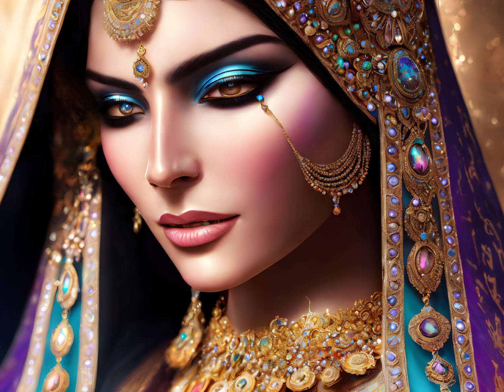 Detailed traditional Indian bridal makeup and jewelry on a woman.