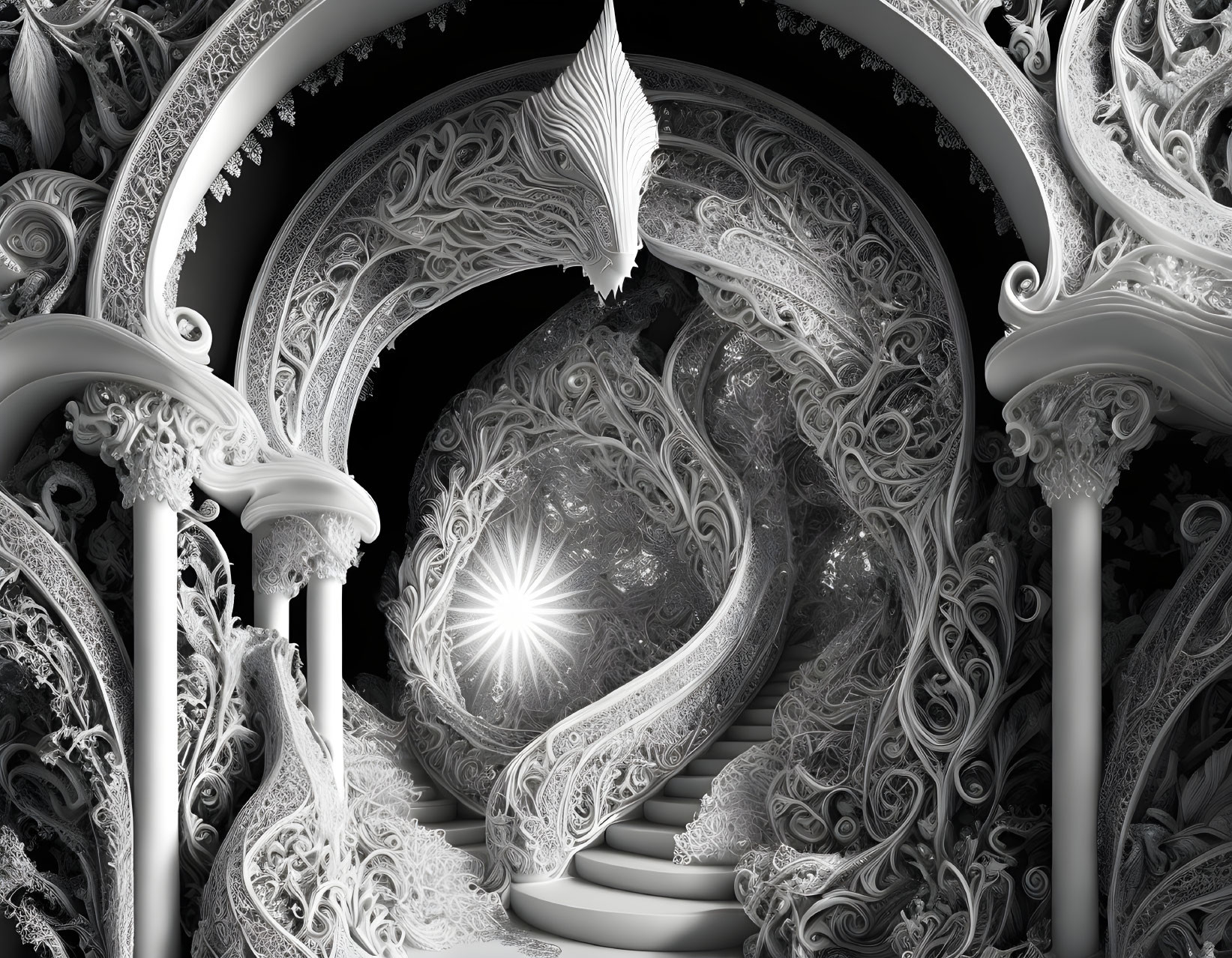 Detailed Monochrome Fractal Art with Ornamental Swirls and Bright Center Light