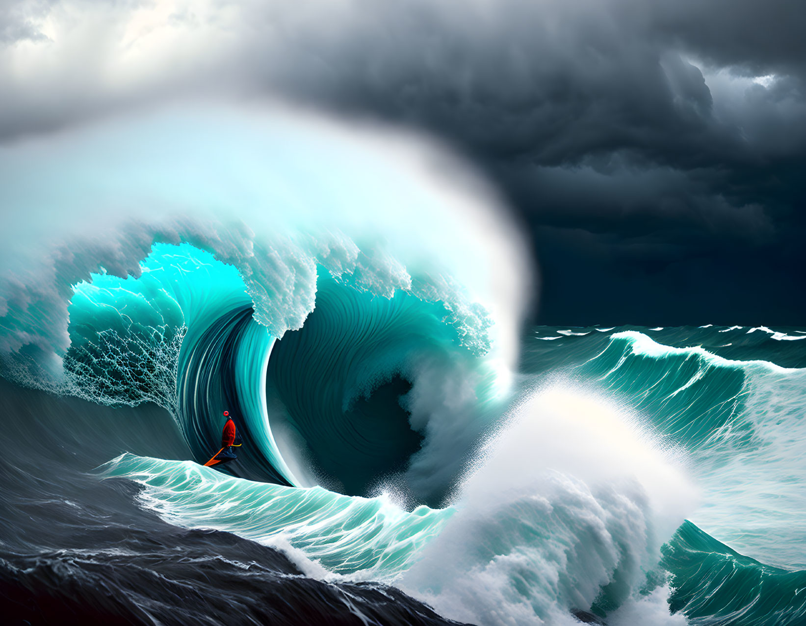 Surfer riding barrel wave under stormy sky