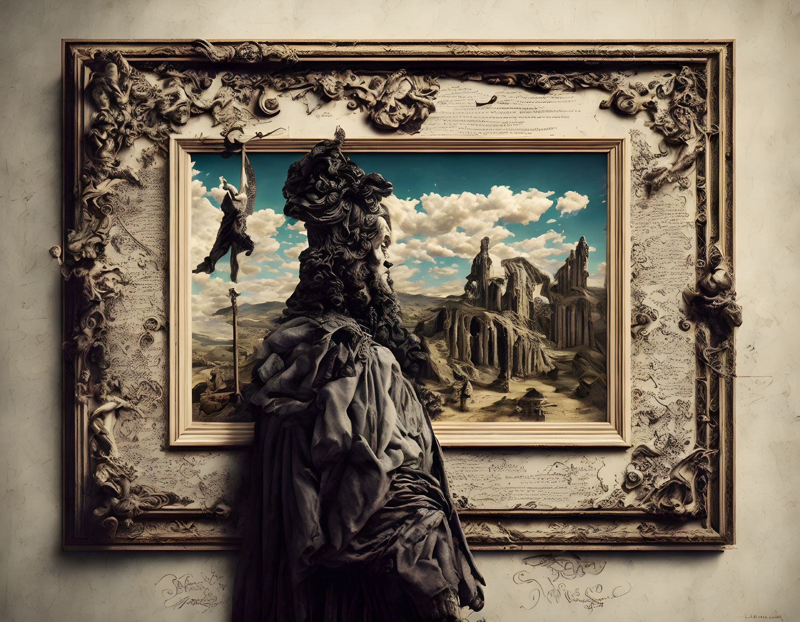 Ornate frame with desolate landscape painting and dimensional figure in period attire