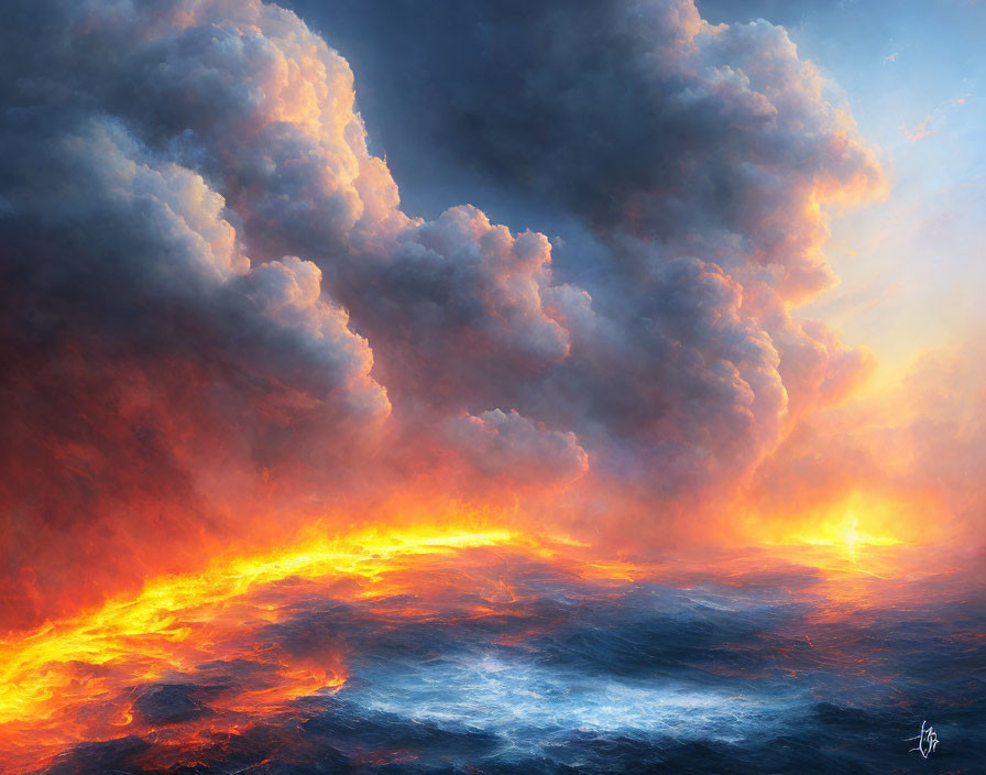 Tumultuous Sea Under Stormy Sky with Fiery Clouds