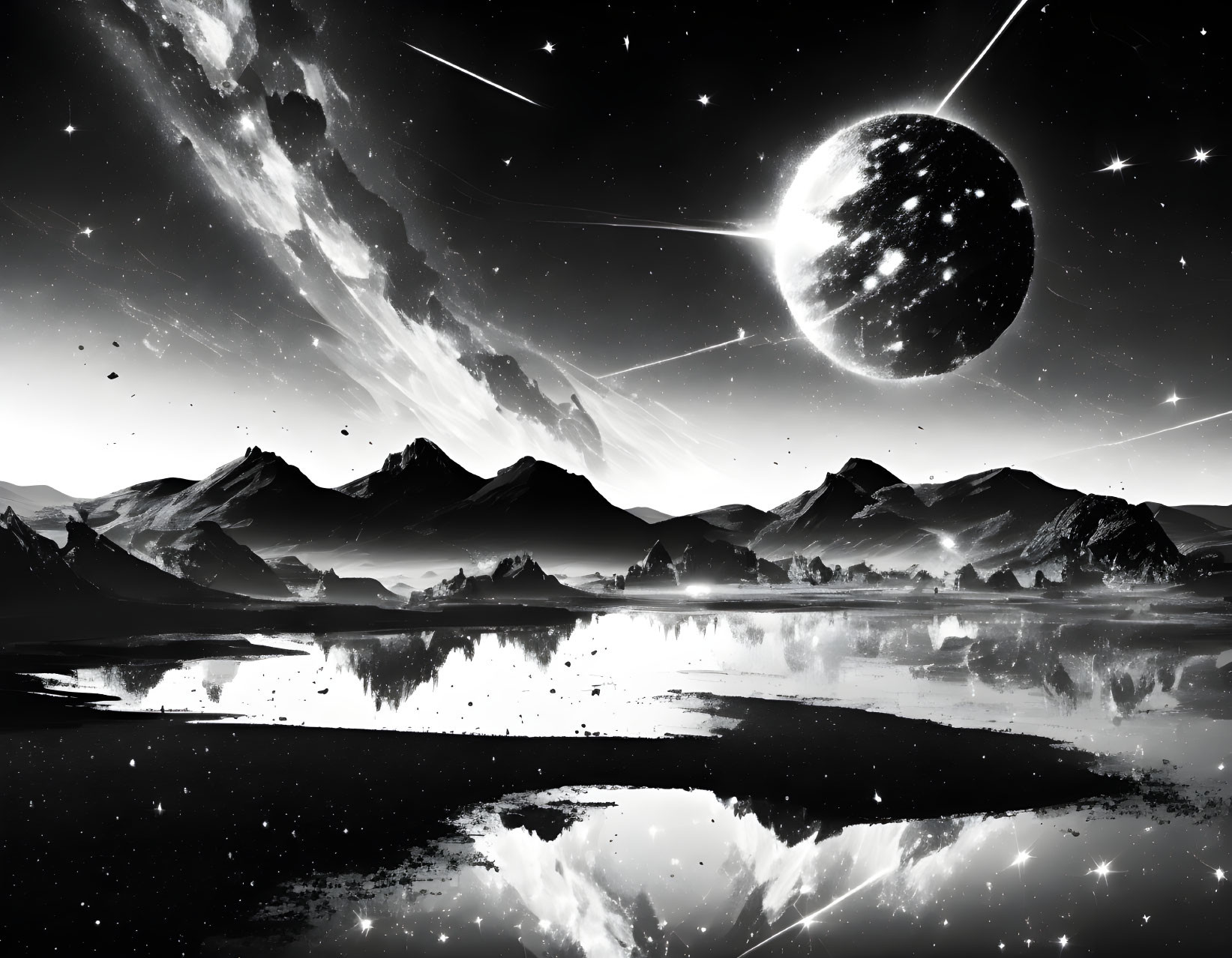 Monochrome fantastical landscape with moon, shooting stars, mountain range, and reflective lake