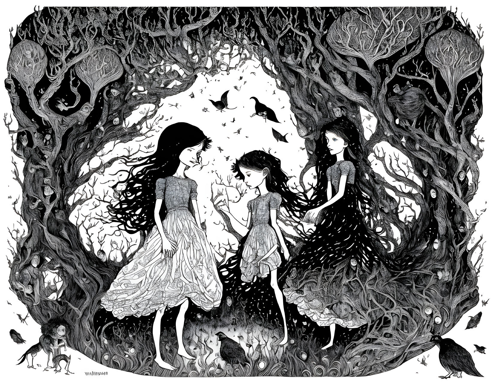 Three girls in mystical forest with intricate trees, birds, and creatures