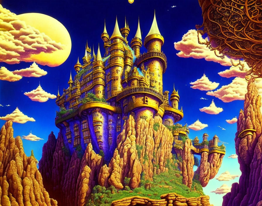 Fantastical castle with multiple spires on rocky crag under moonlit sky