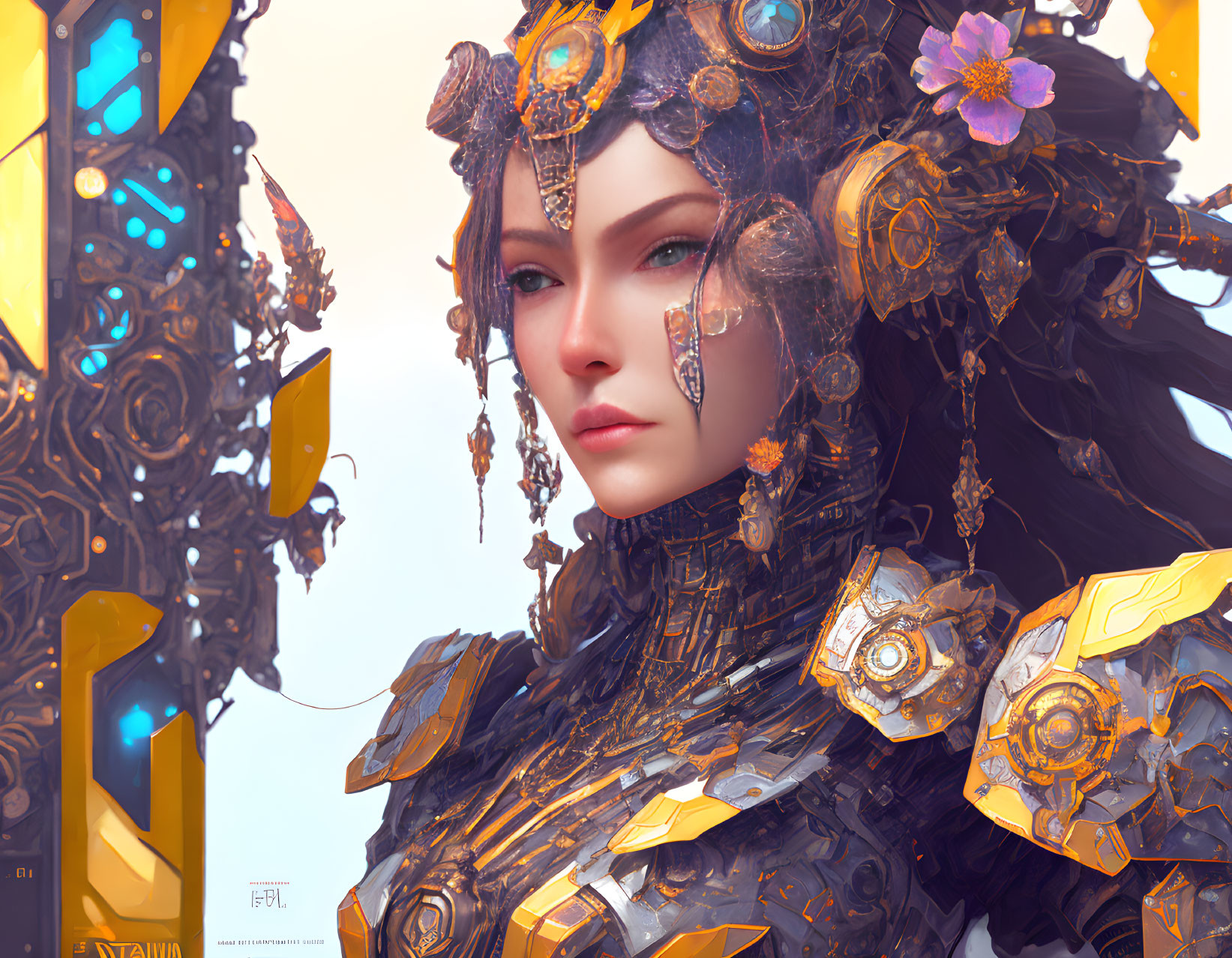 Female figure portrait with golden armor and futuristic design elements