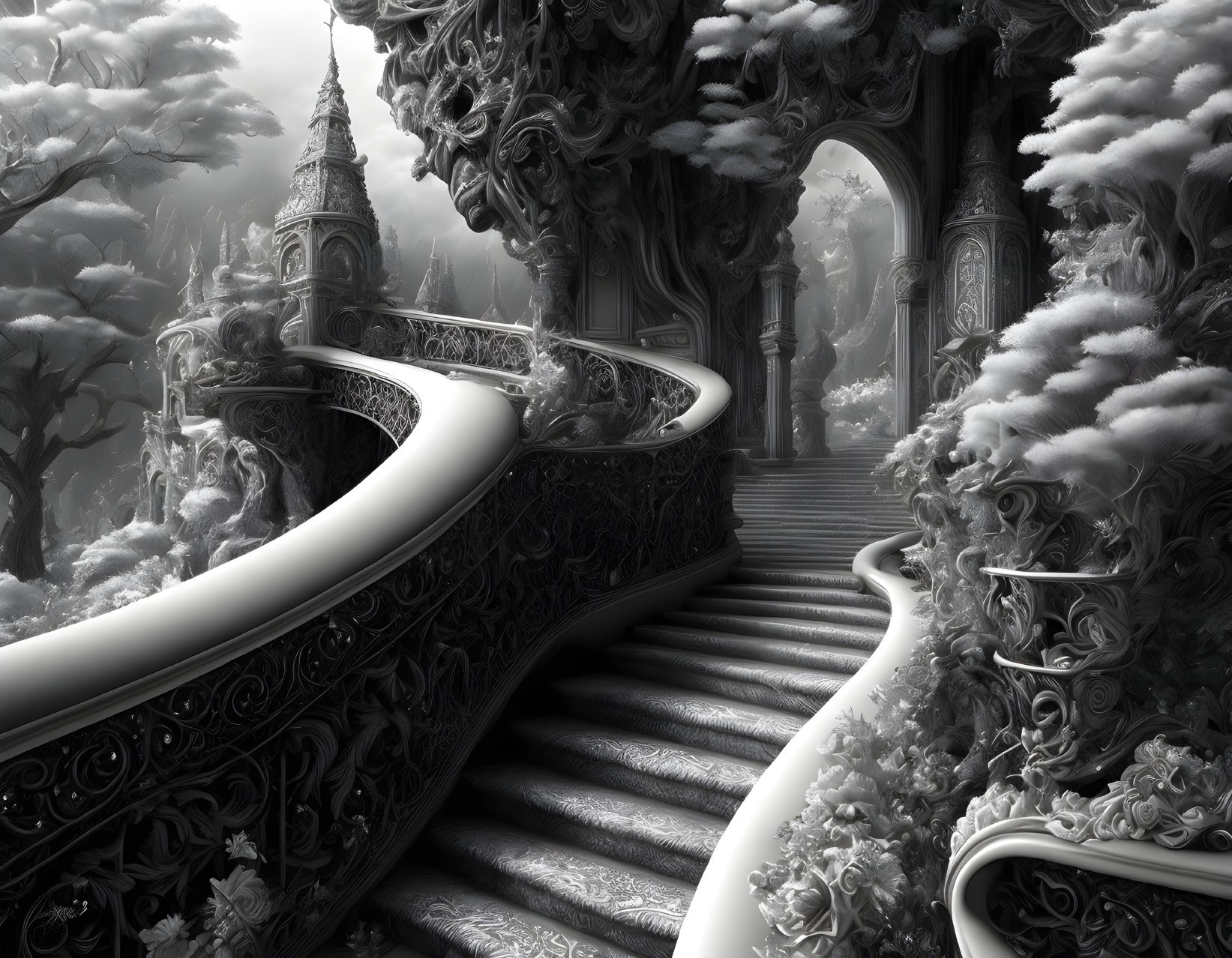 Detailed black and white fantasy landscape with spiral staircases, arches, and tree canopies