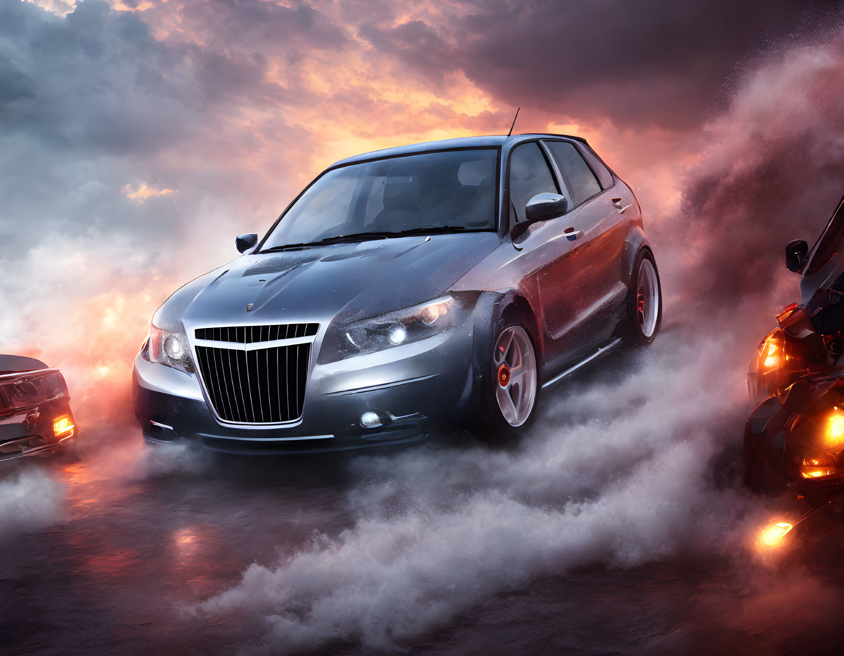 Prominent grille on sleek car amidst swirling smoke and dramatic clouds