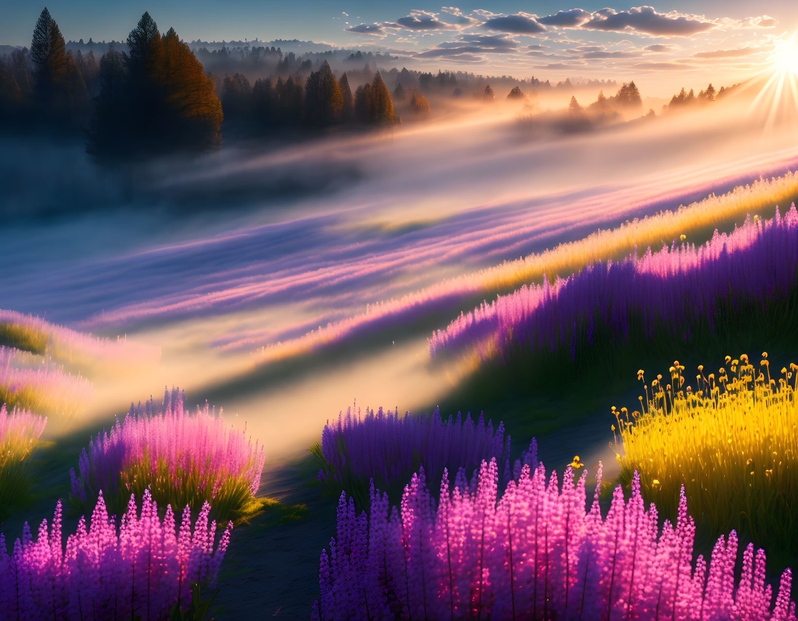 Scenic sunrise with wildflowers, misty woods, and radiant sun