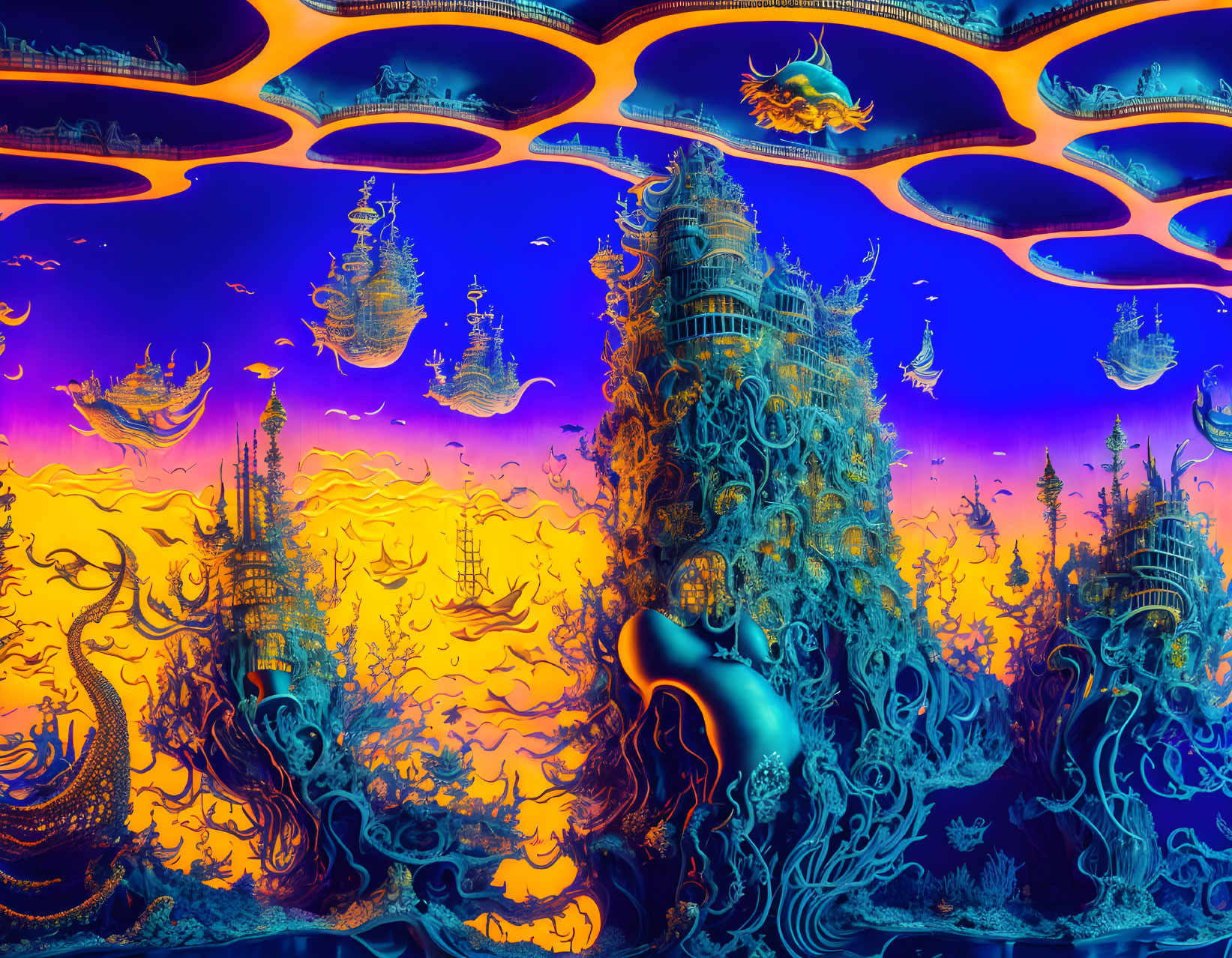 Colorful digital artwork: Intricate floating structures in underwater theme on blue and orange gradient.