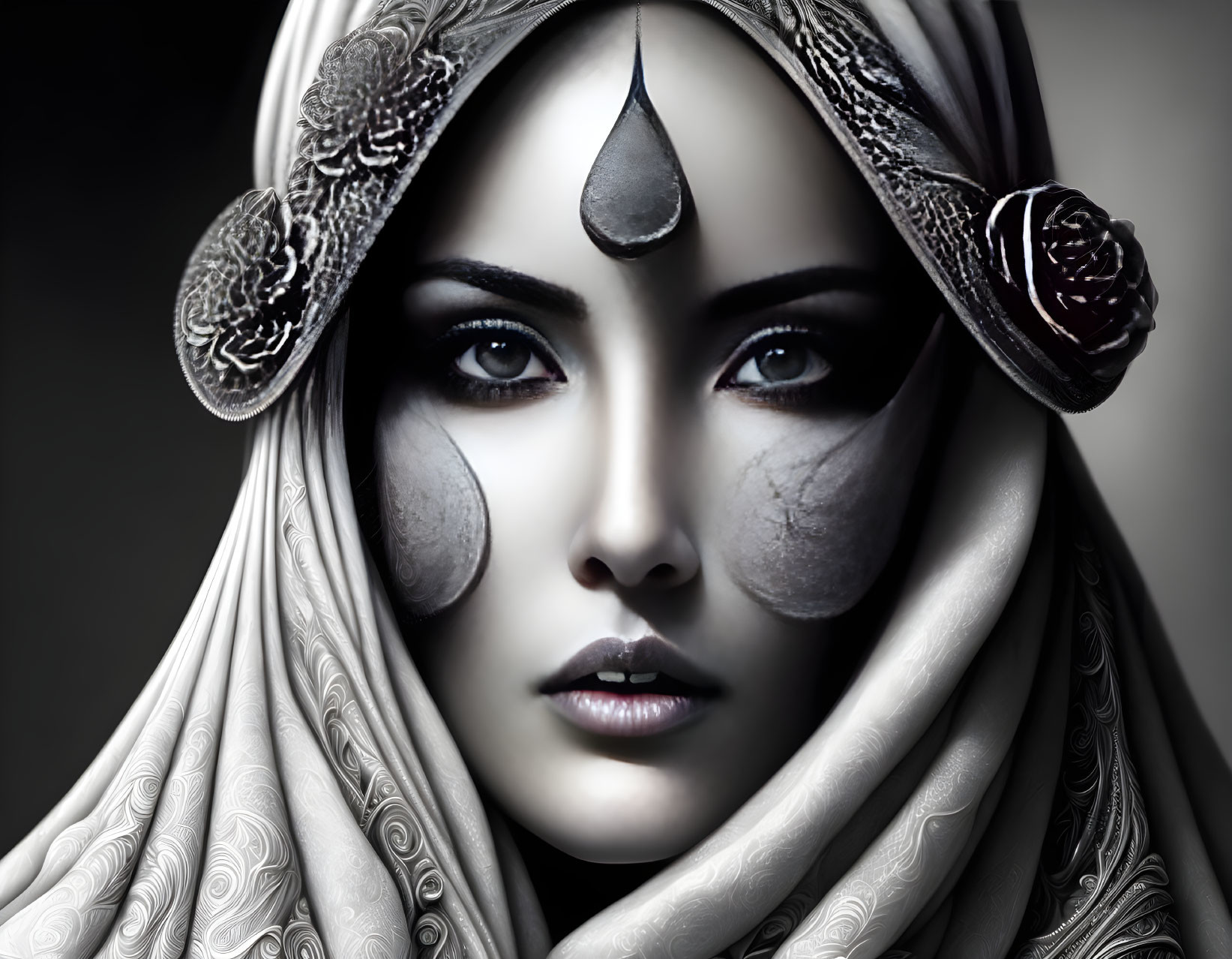 Monochromatic portrait of woman with striking eyes and embellished headscarf