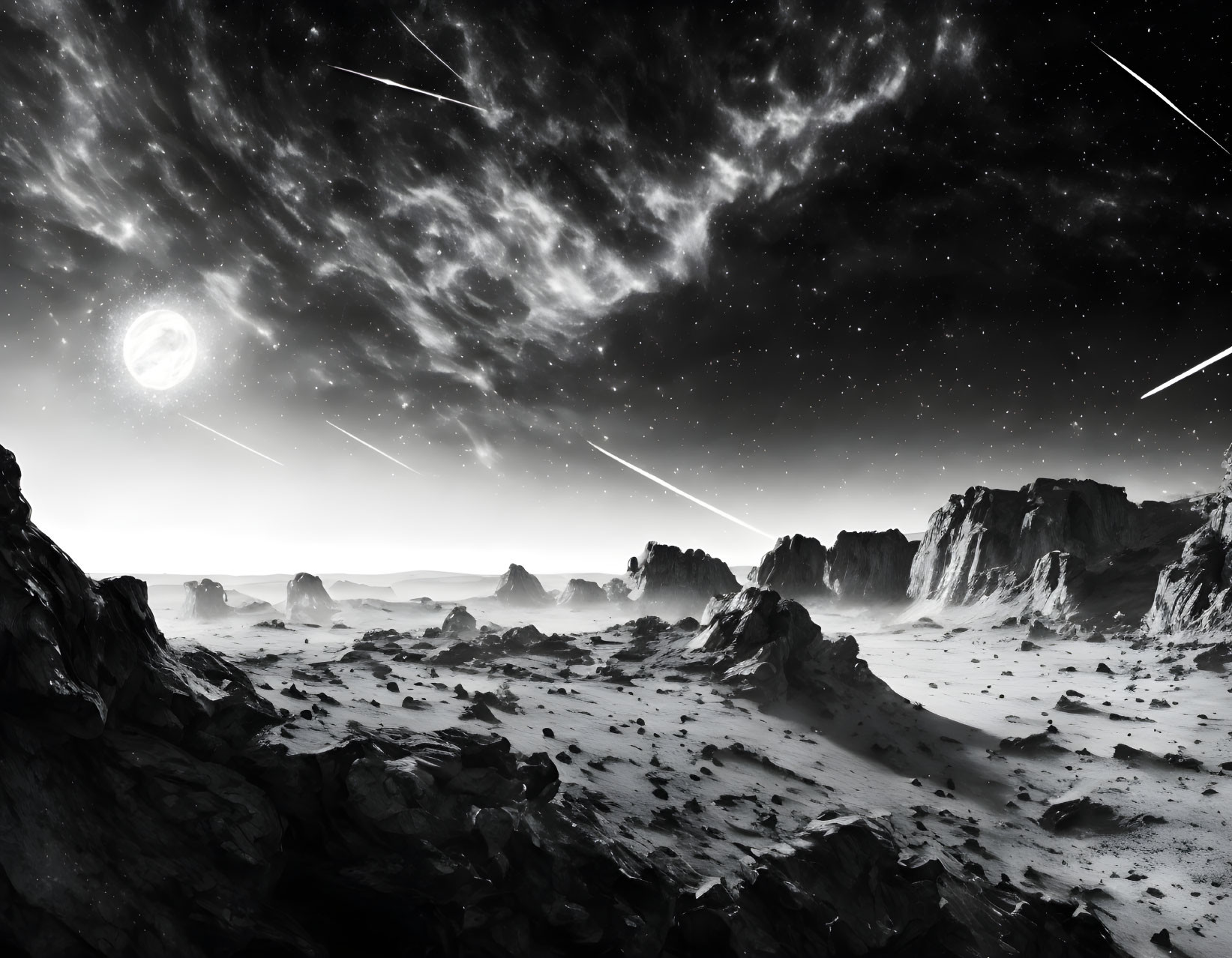 Monochrome lunar landscape with meteor showers above rugged terrain