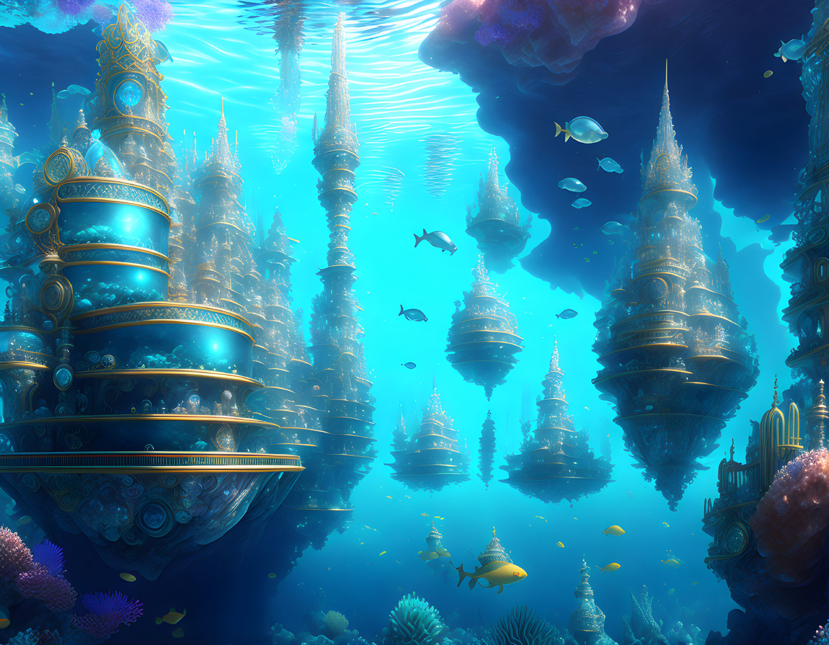 Ornate underwater city with towering spires in vivid blue ocean landscape