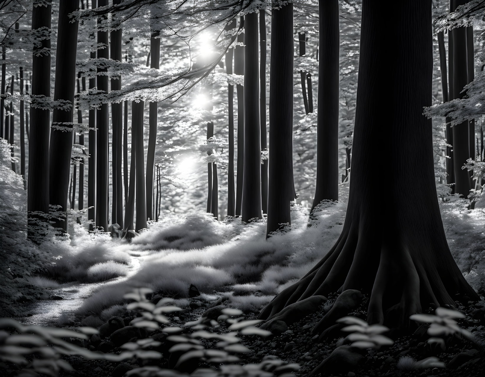 Monochrome forest scene: sunlight through tall trees, casting shadows.