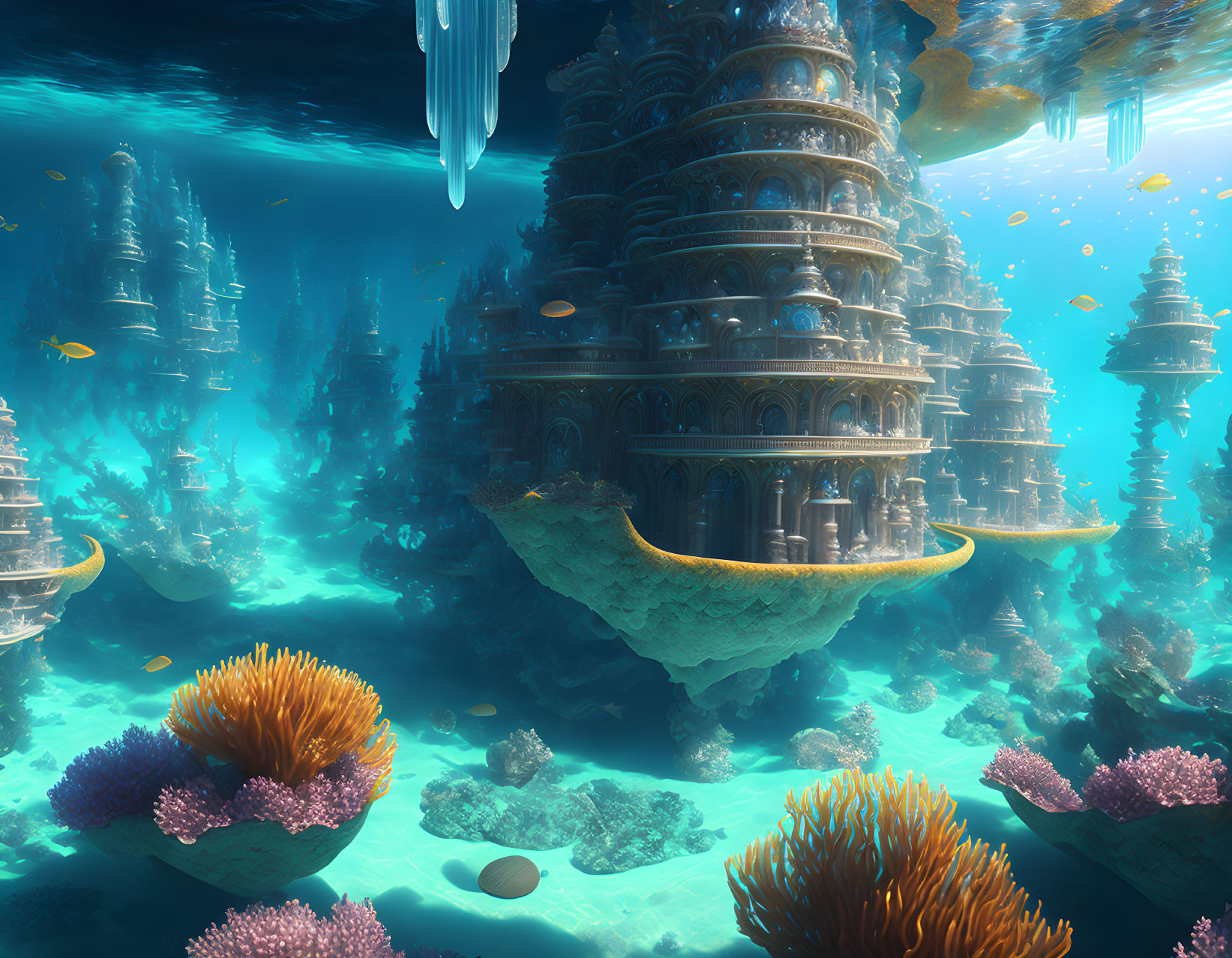 Fantasy underwater city with coral, marine life, and towering structures