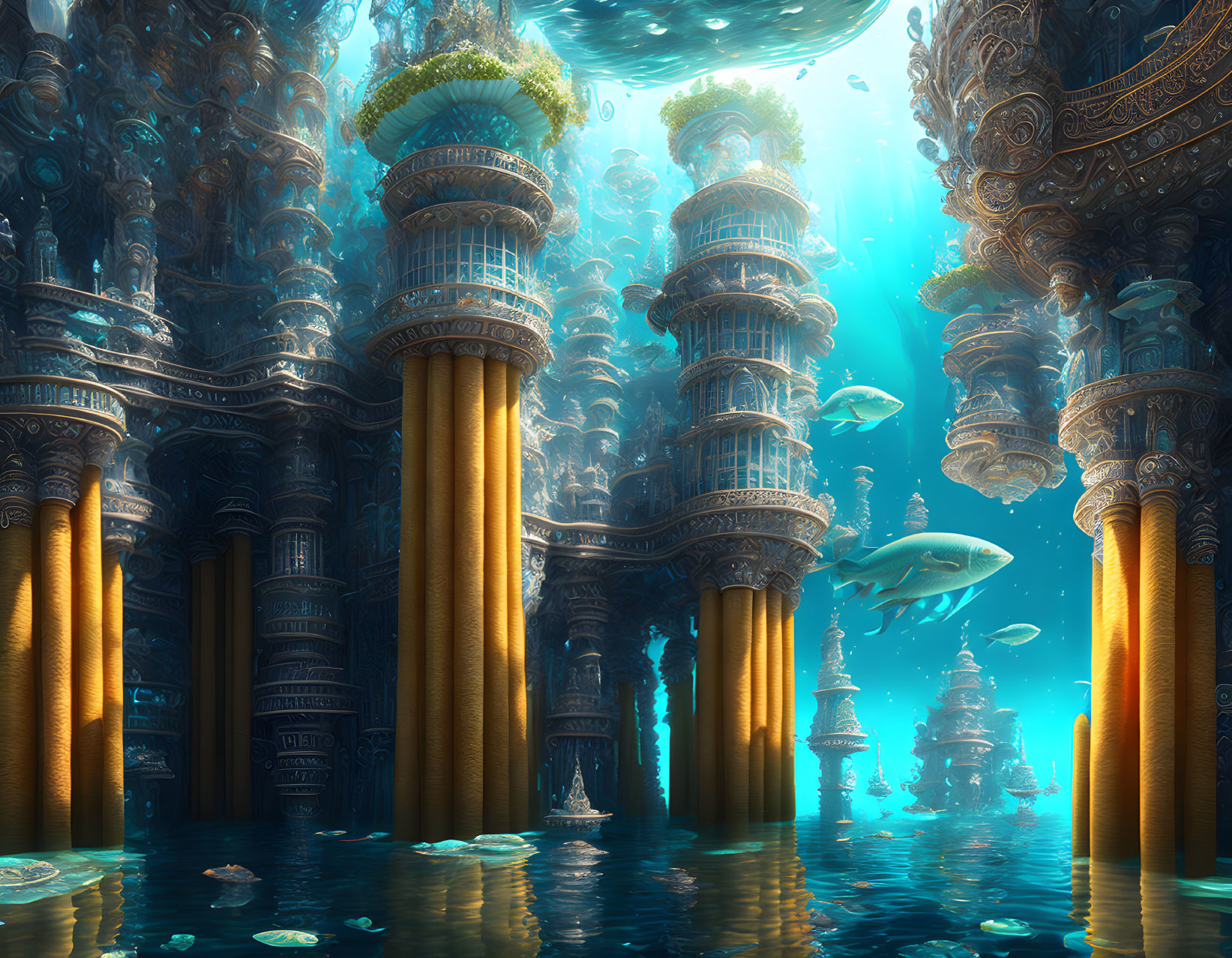 Golden ornate towers in underwater scene with schools of fish and sunlight filtering through blue water.