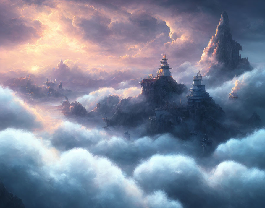 Ancient Temples Surrounded by Peaks and Clouds at Sunset