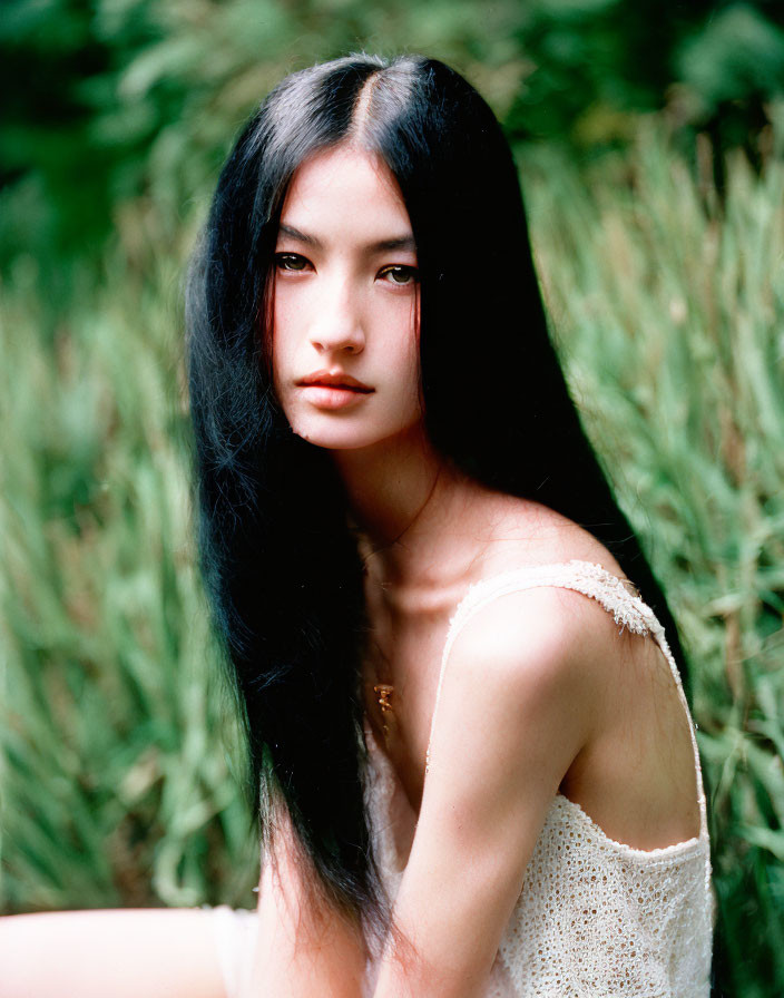 Long-haired woman with fair skin in natural setting with green foliage