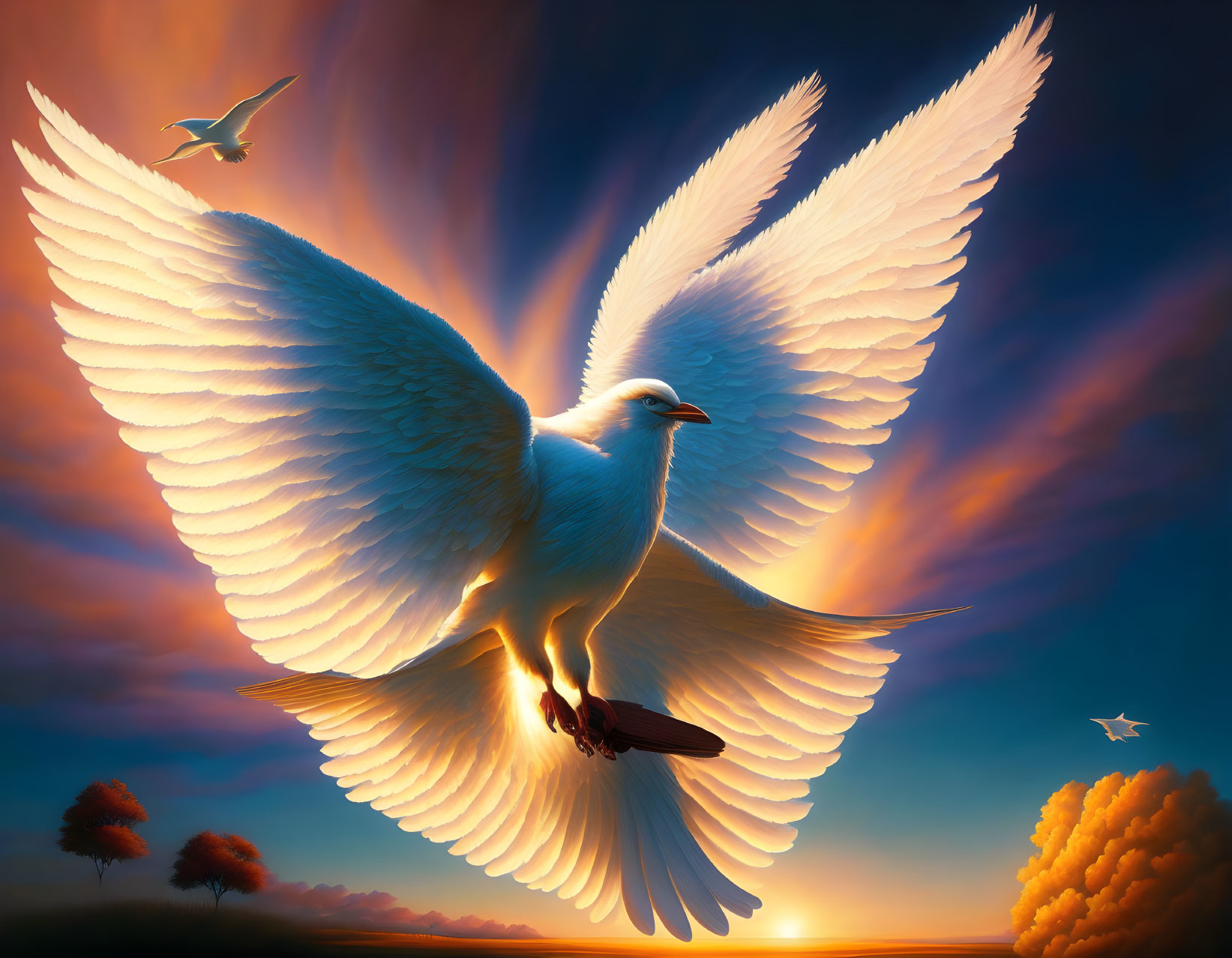 White dove flying in vibrant sunset sky with orange clouds.