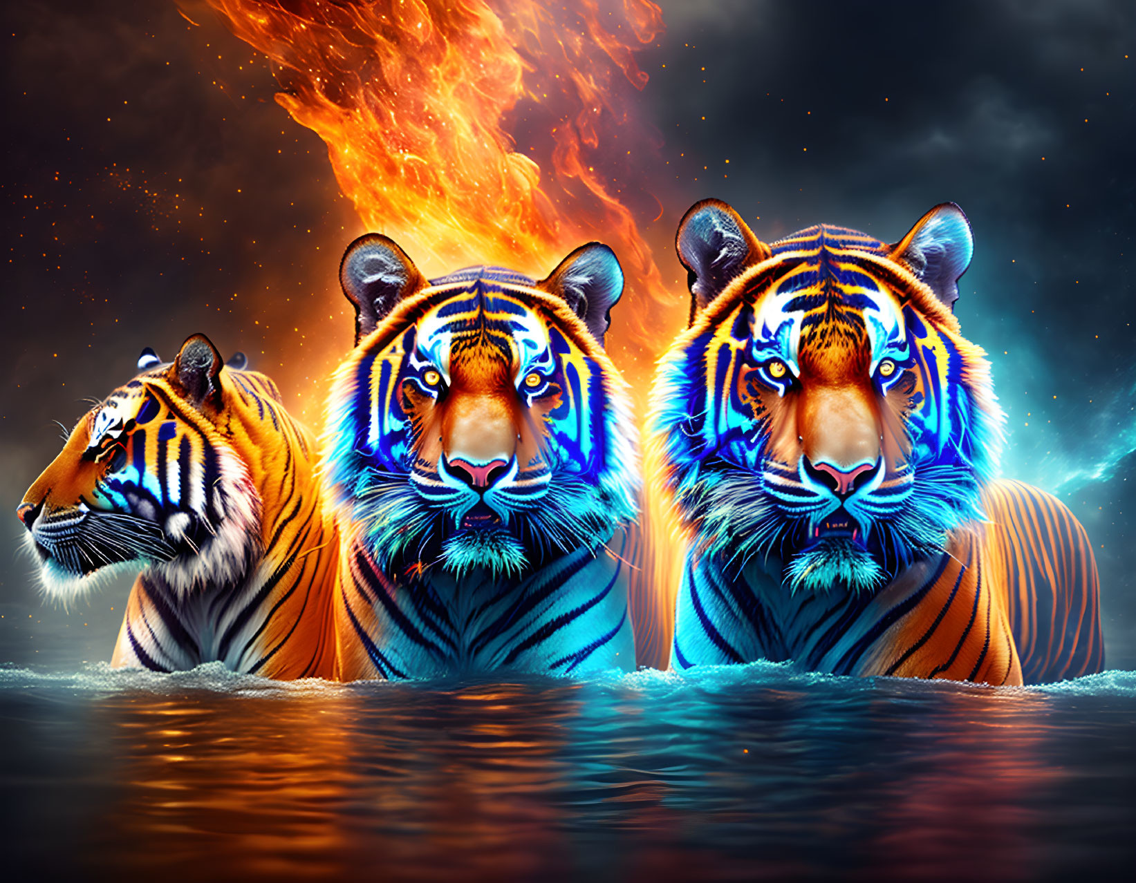 Three tigers in blue and orange colors against fire and dark sky