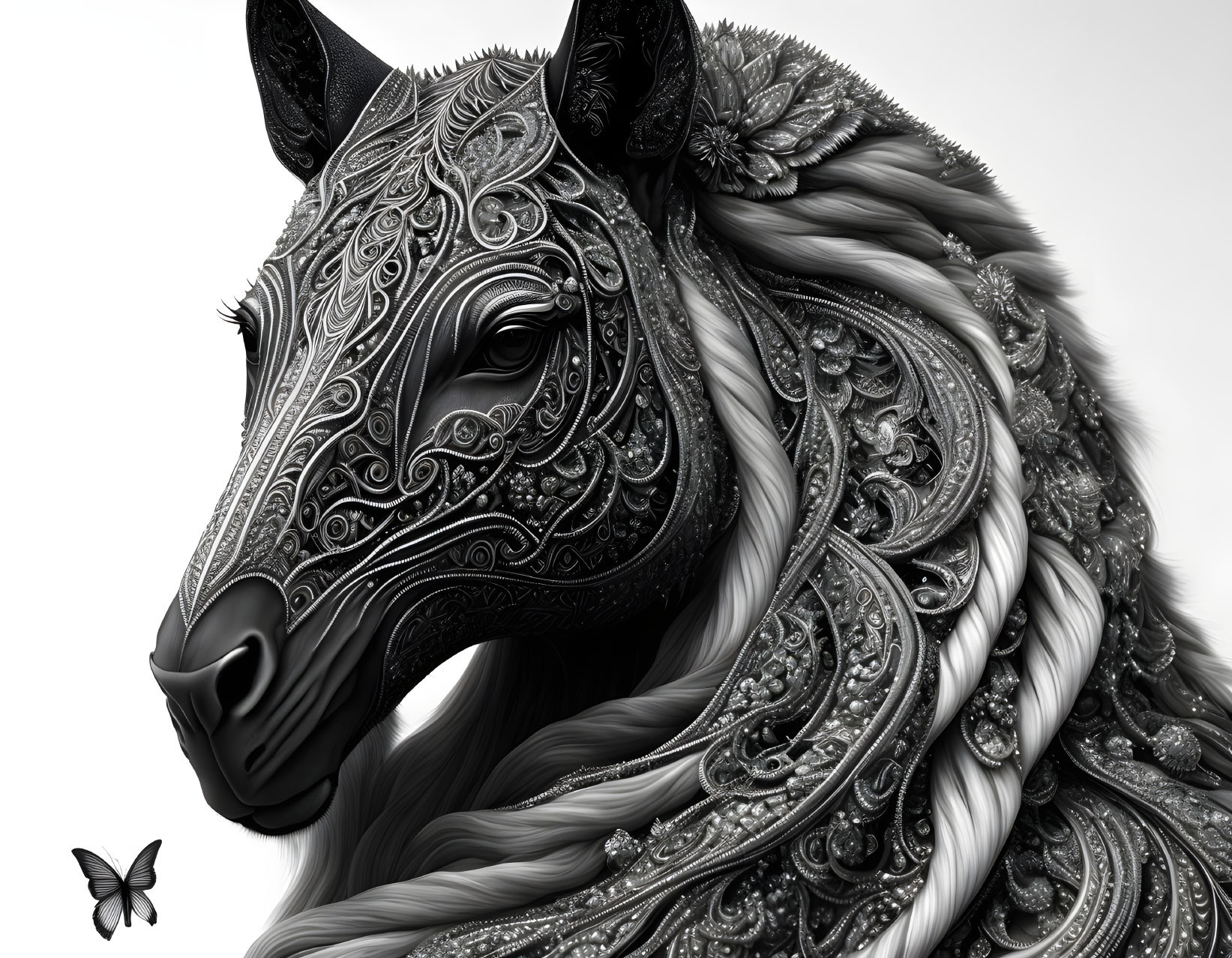 Detailed black and white horse illustration with ornate swirling patterns and floral mane.