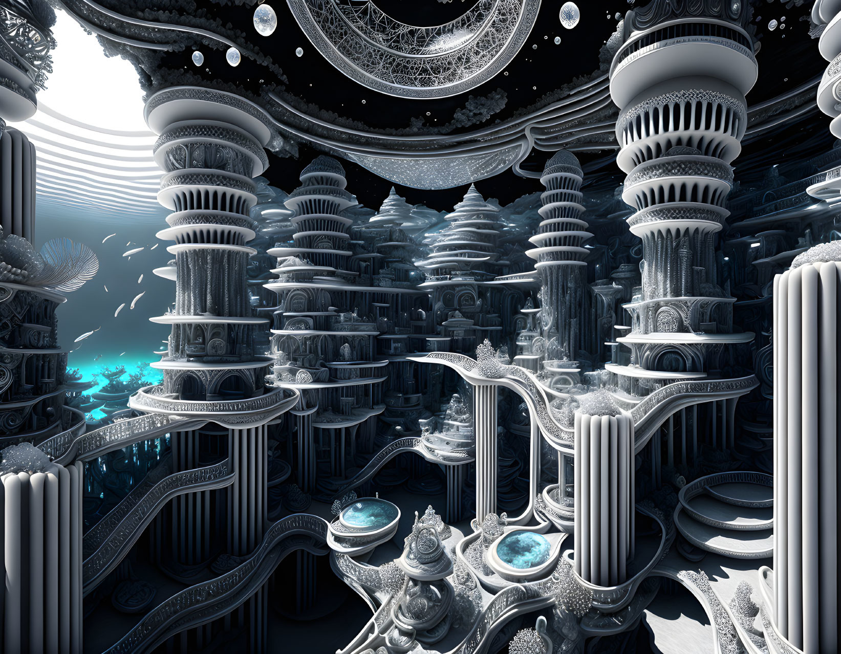 Fractal-inspired futuristic architectural landscape in monochromatic blue and white