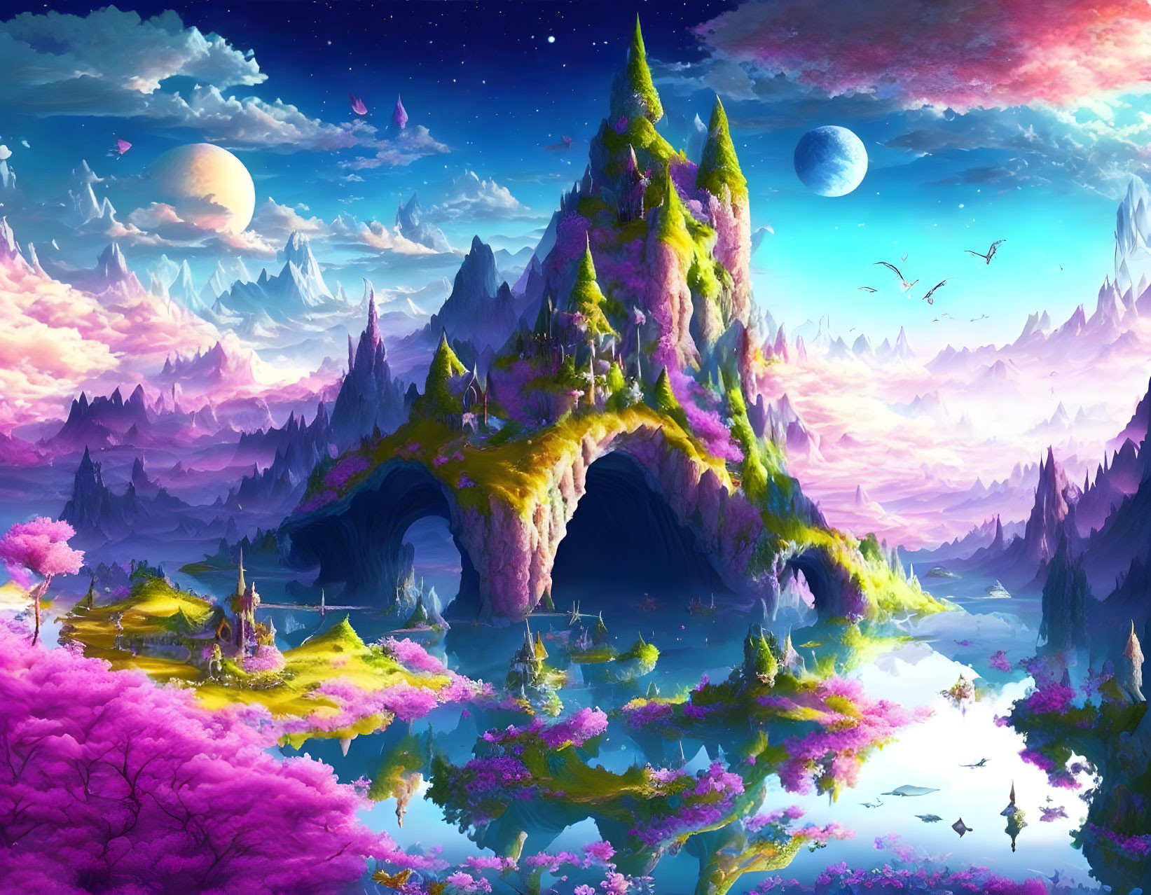 Fantasy landscape with towering mountain, pink foliage, dual moons, and reflective water