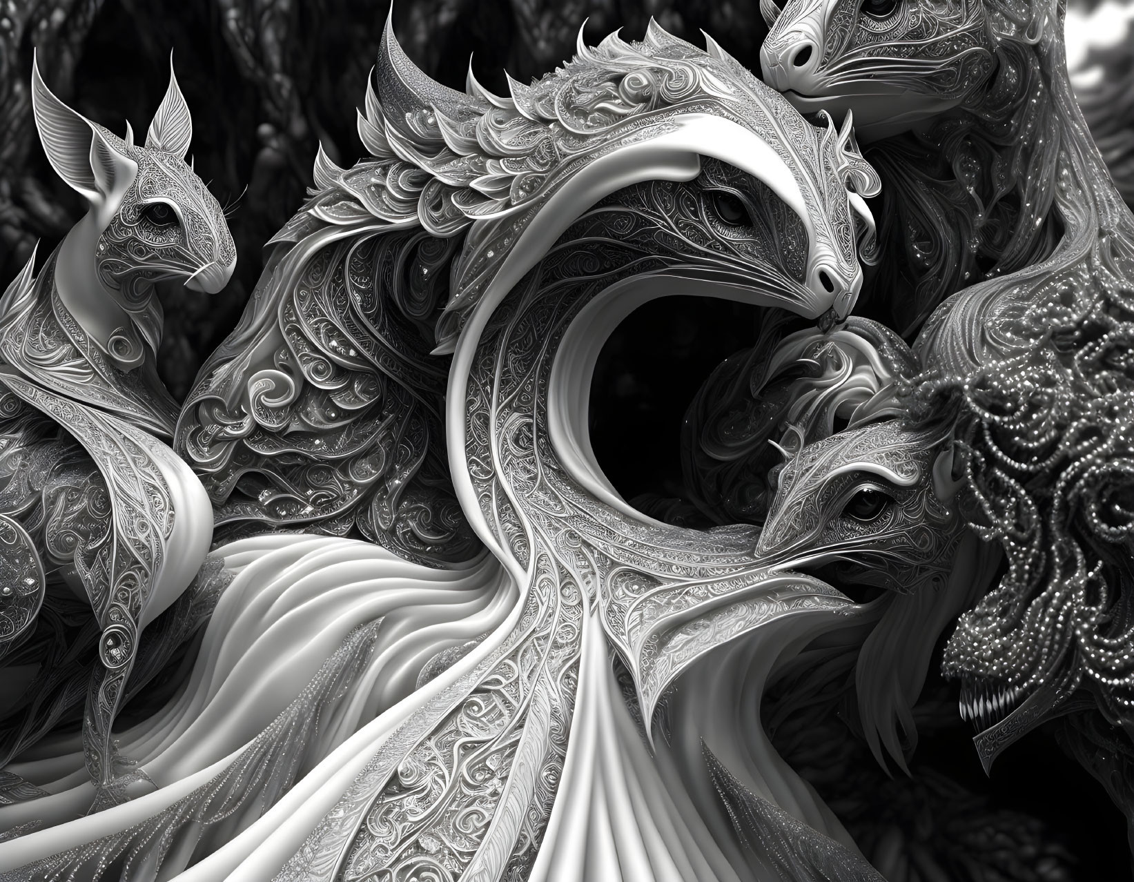 Detailed Monochrome Digital Artwork of Stylized Dragons