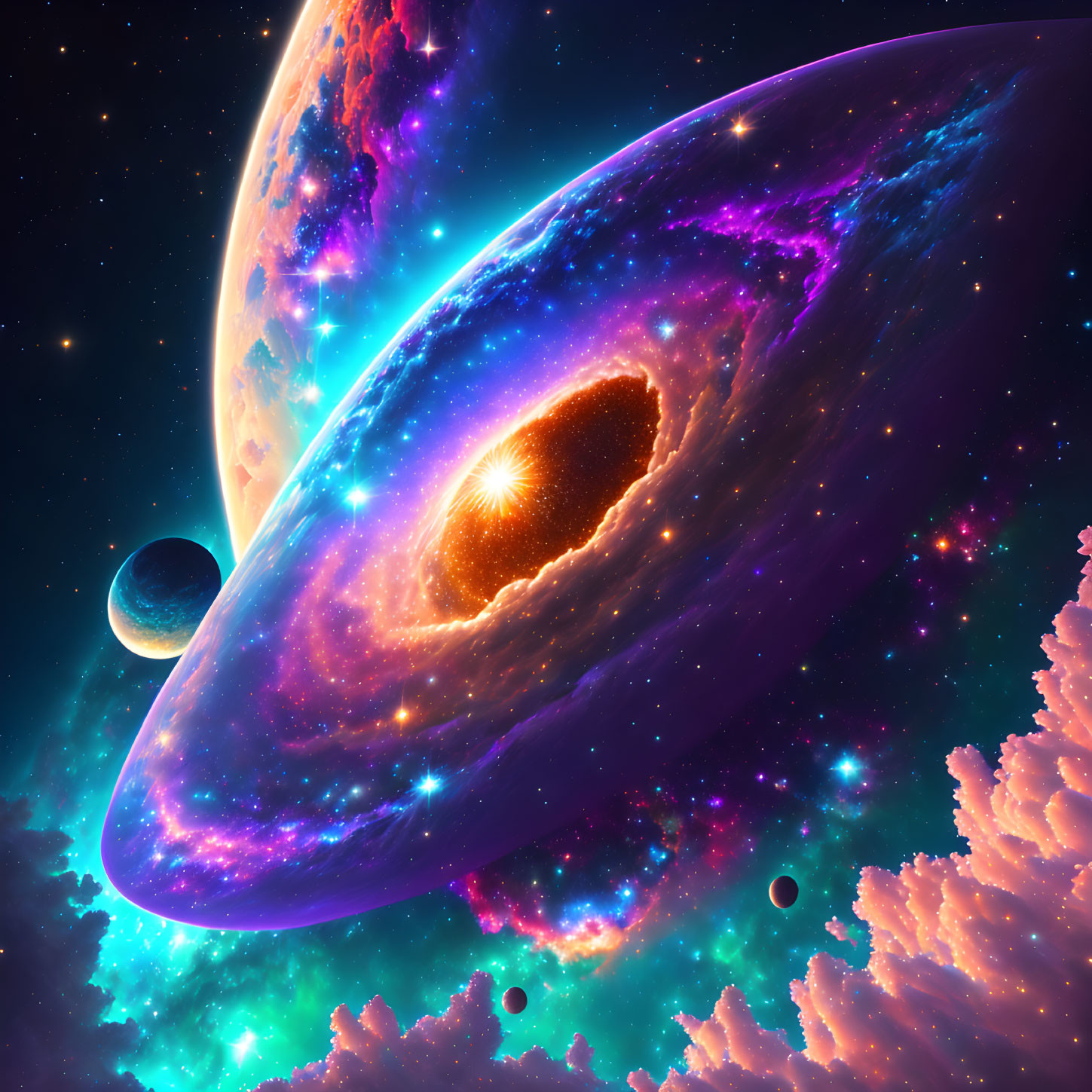 Colorful cosmic scene with nebulae, galaxy center, planets, and stars