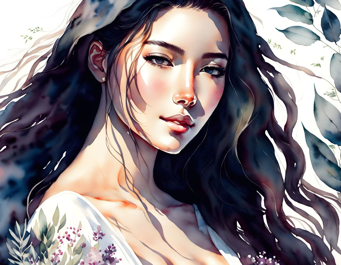 Colorful Watercolor Illustration of Woman with Flowing Hair and Floral Accents