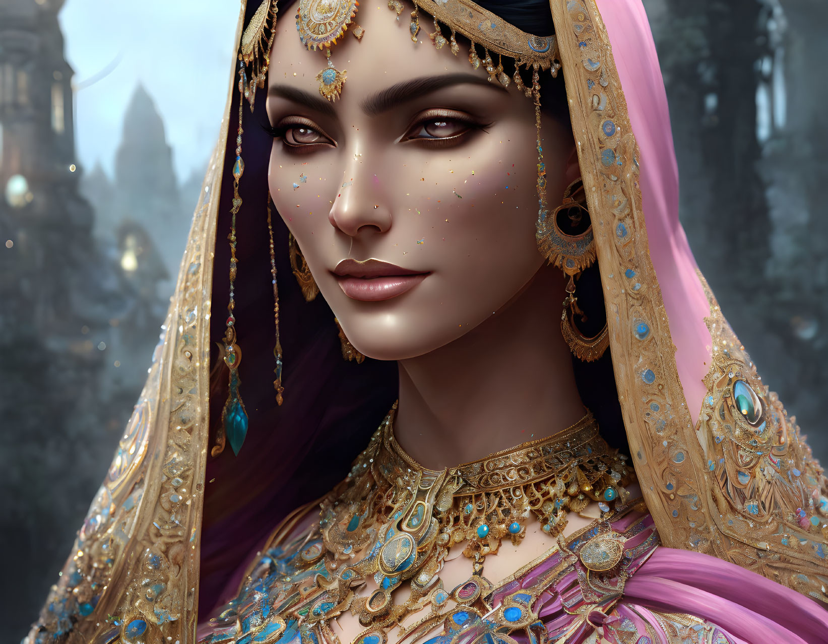 Close-up of woman with ornate gold jewelry, bejeweled headpiece, and pink veil