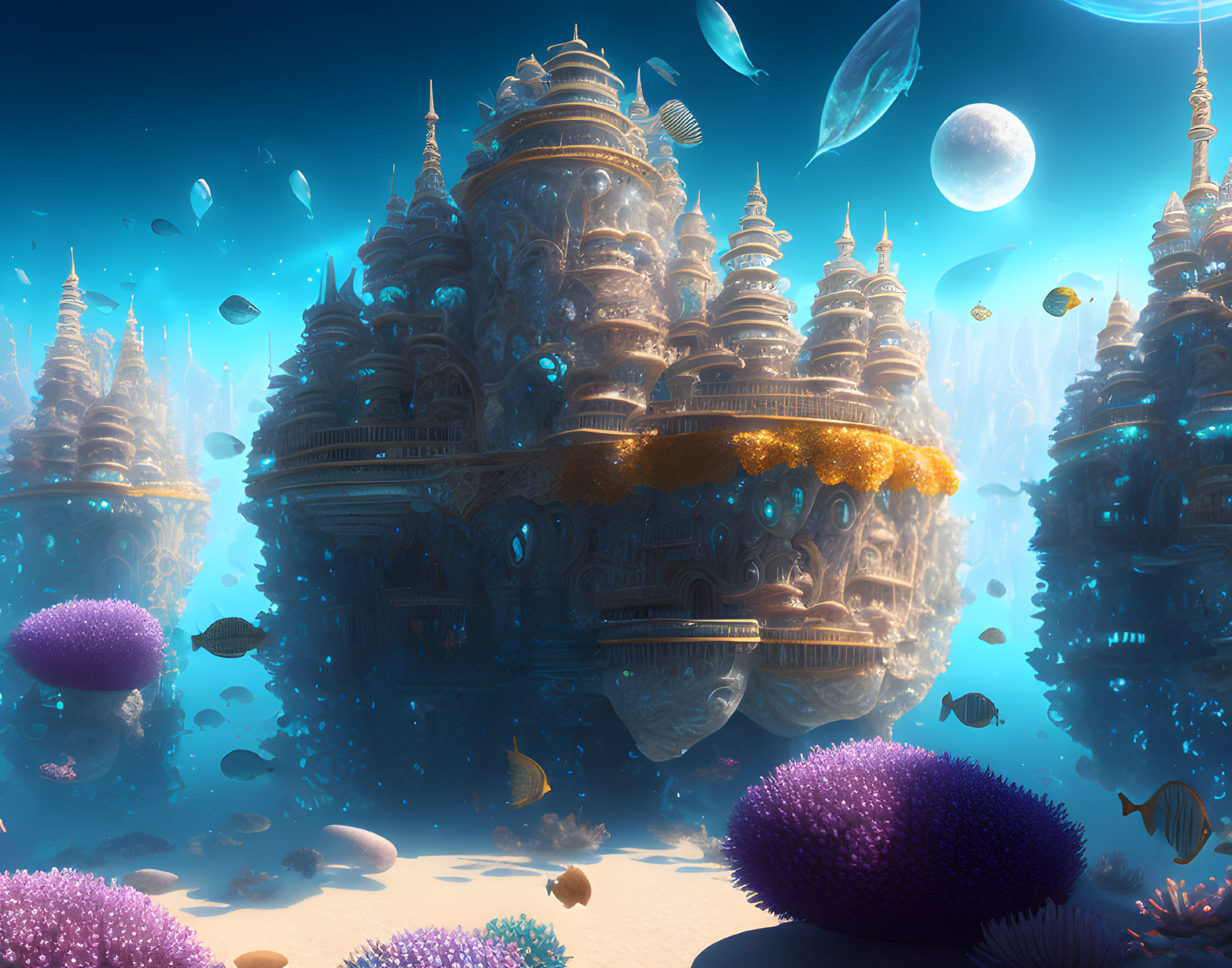 Colorful Fish and Ornate Architecture in Underwater Fantasy Scene