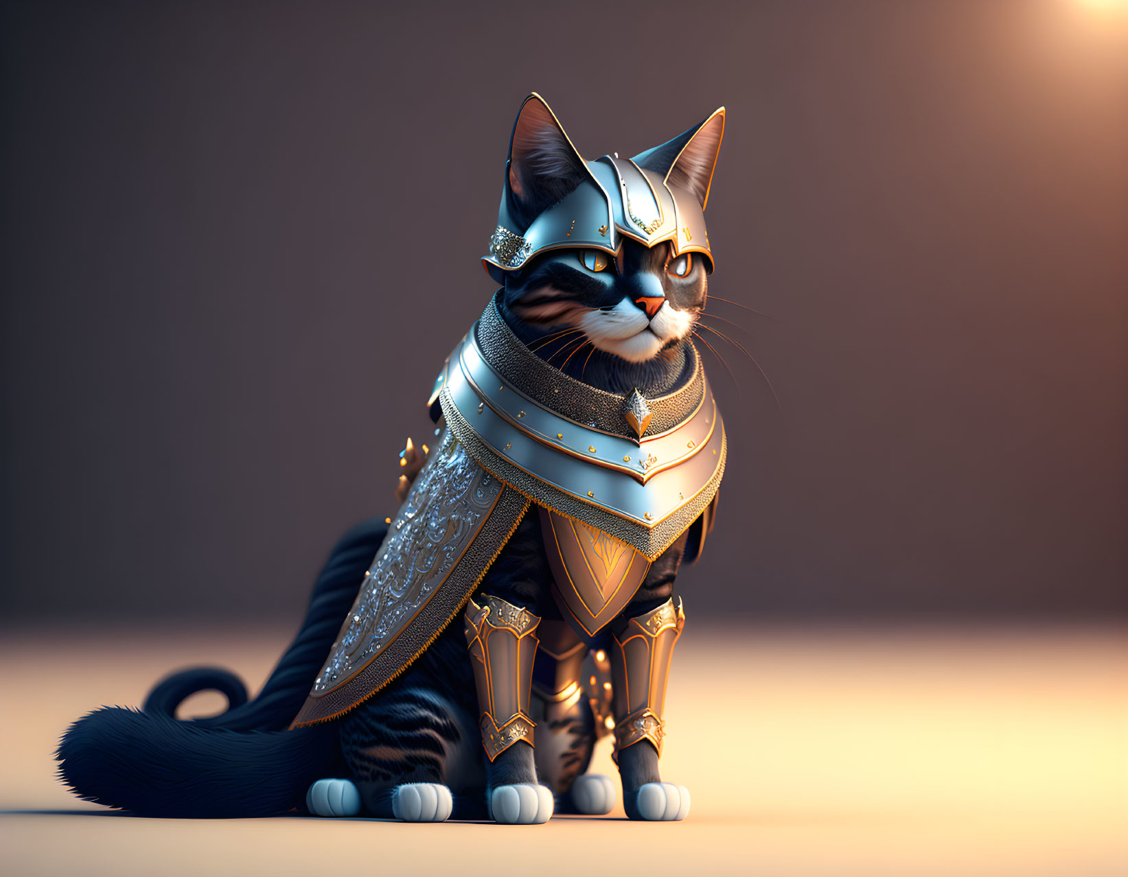 Stylized cat in ornate knight armor against warm backdrop