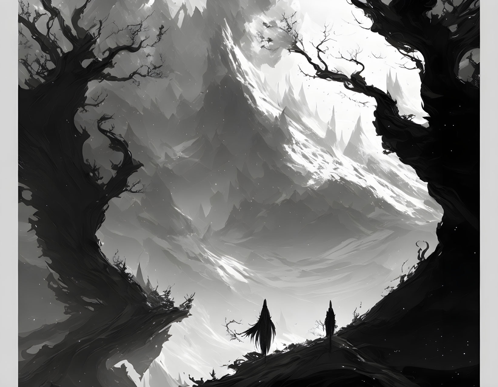 Monochromatic artwork of figures, trees, and misty mountain