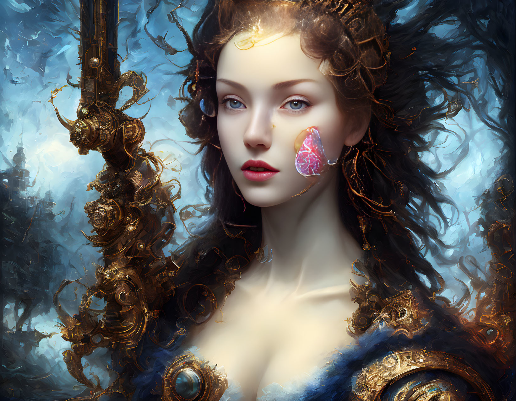 Surreal digital portrait of woman with gold mechanical hair details and butterfly on cheek