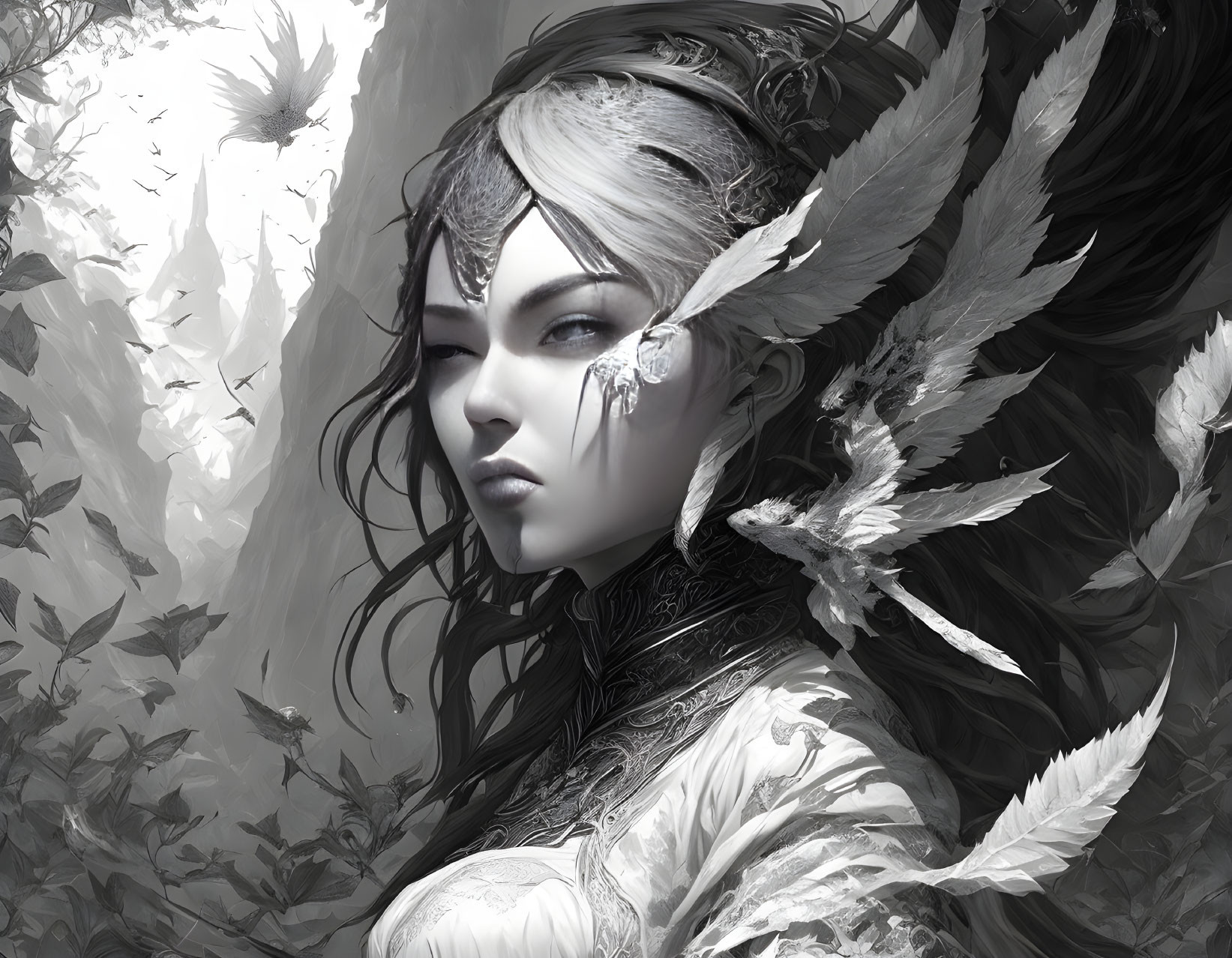 Monochromatic artwork featuring woman with feather adornments, intense gaze, leaves, and butterflies.