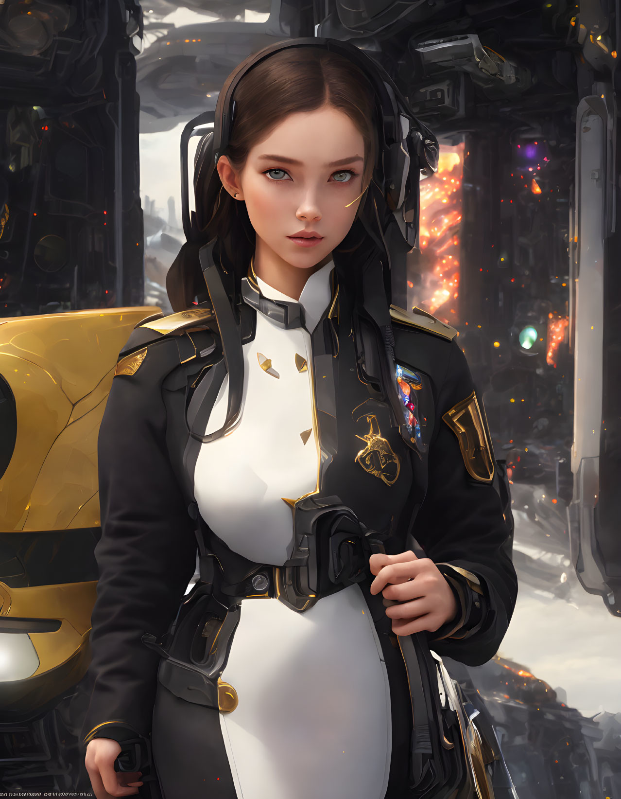 Futuristic digital artwork of woman in black and yellow uniform