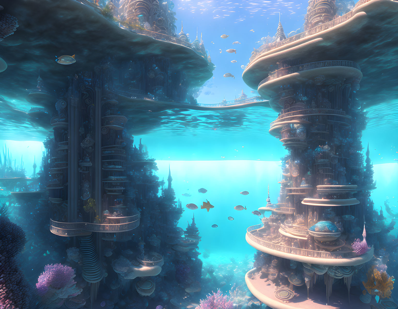 Submerged cityscape with towering structures and marine life under soft light