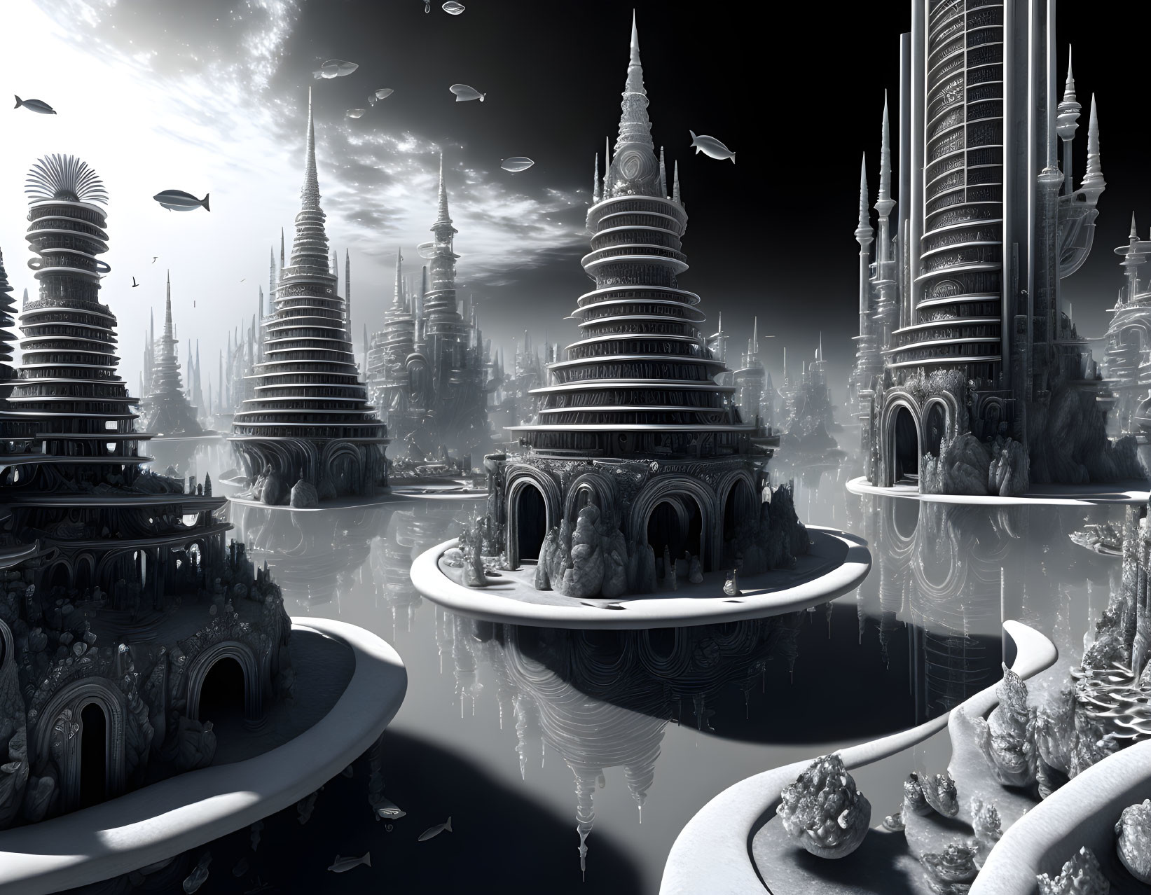 Monochromatic futuristic cityscape with towering spires and flying vehicles